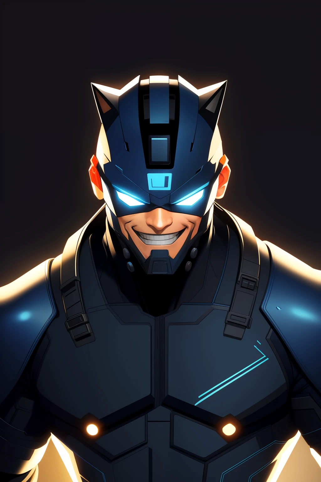 comics books art atyle, a cat in a dark blue cyberpunk warrior suit, t-shirt design, bold colors, black background, in the style of Studio Ghibli, dark black plain background, cinematic lighting effect, smiling, charming, pastel tetradic colours, 3D vector art, fantasy art, bokeh, Adobe Illustrator, hand-drawn, digital painting, soft lighting, isometric style, 4K resolution, photorealistic rendering, highly detailed clean, vector image, photorealistic masterpiece, professional photography, simple space backdrop, flat white background, isometric, vibrant vector