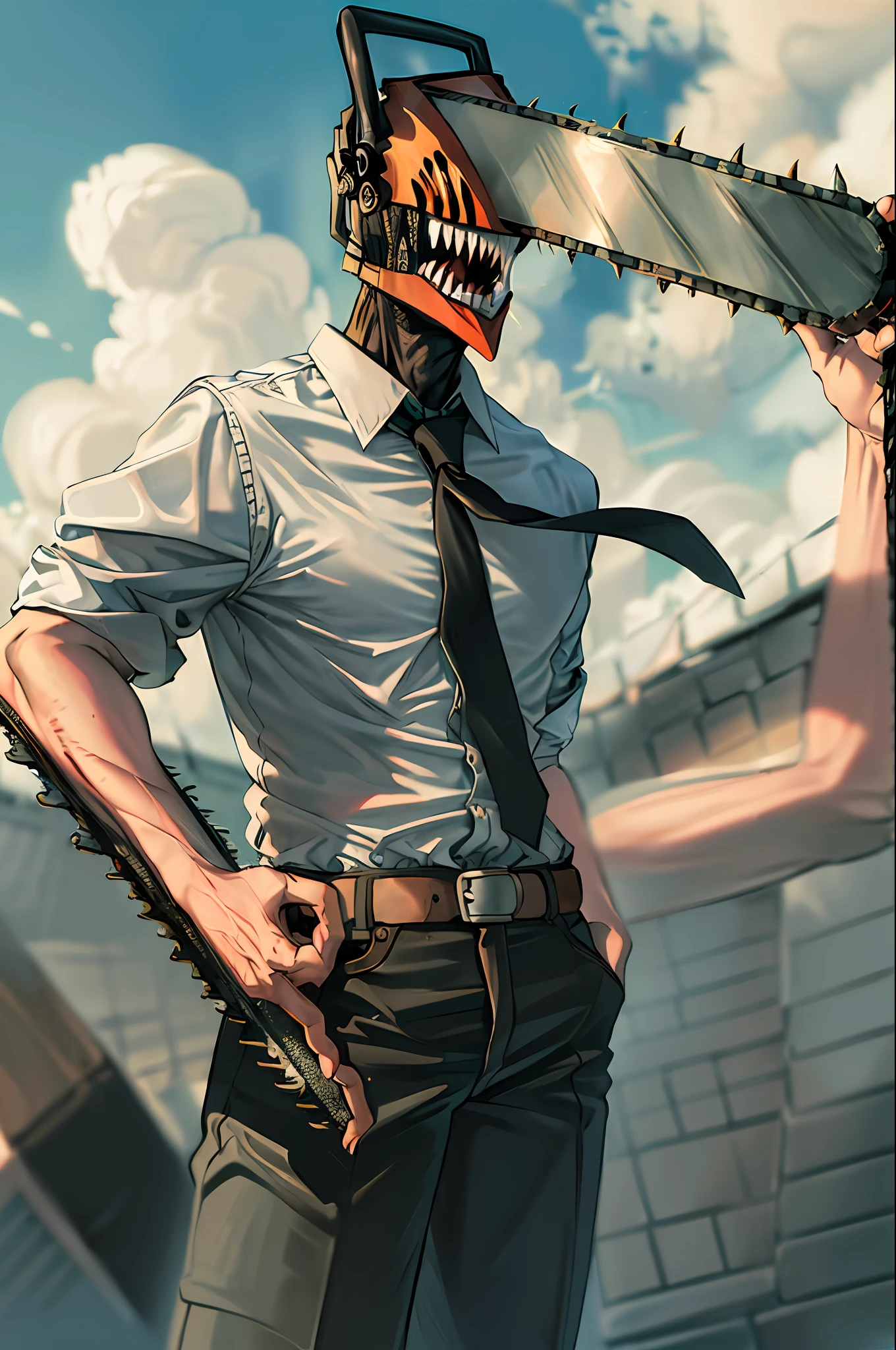 (masterpiece, best quality:1.2), cowboy shot, solo, male focus, 1boy, chainsaw man, chainsaw, sharp teeth, open mouth, tongue, collared shirt, black necktie, sleeves rolled up, black pants, belt