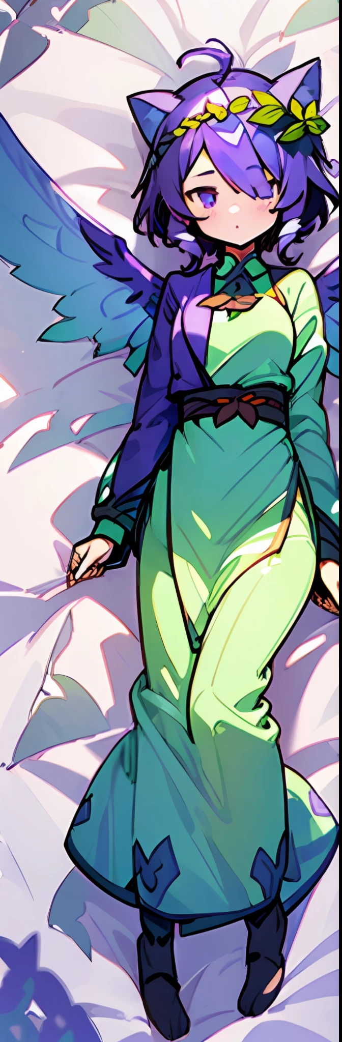 1girl, ((heart shaped leaves, purple_yam, winged_yam, ube,)) (full body,(( leaf, garden, plant, plant girl,))) teal eyes, cat cat ears, sweet beautiful woman, (((glowing wings, ( purple hair,))) green streaks in hair, hair over one eye,) ((masterpiece)), colorful, (extremely detailed CG unity 8k wallpaper), (masterpiece), (best quality), (ultra-detailed), (best illustration),(best shadow), dakimakura \(medium\), daki,( leaf hair ornament,)