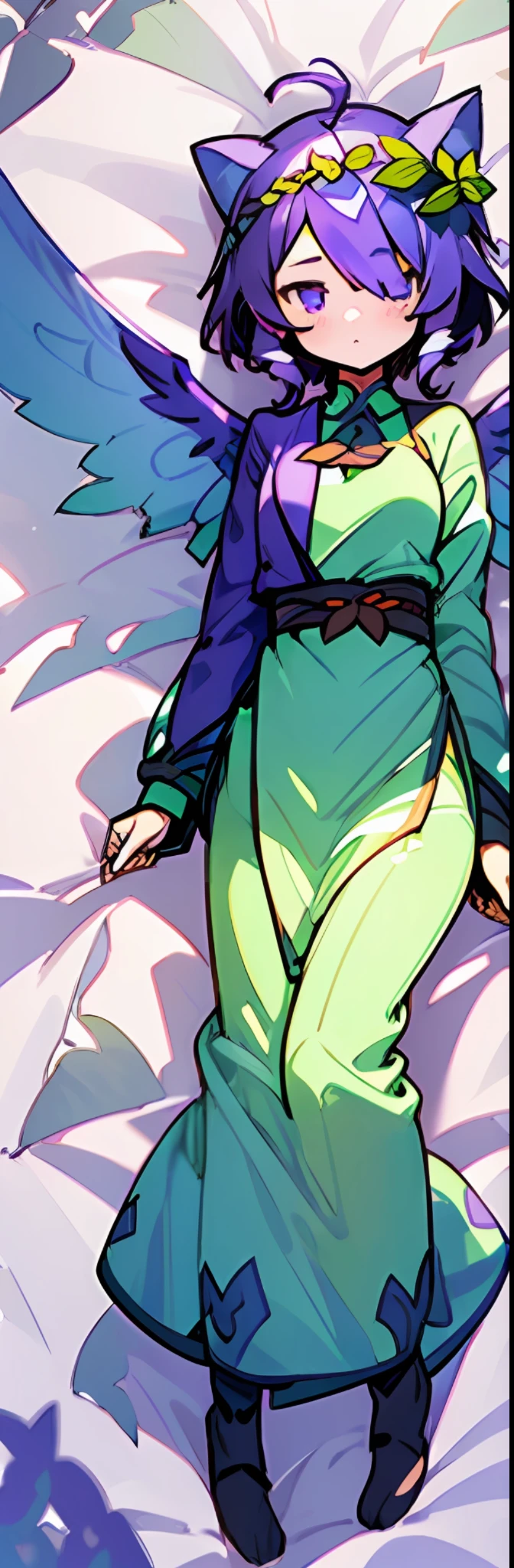 1girl, ((heart shaped leaves, purple_yam, winged_yam, ube,)) (full body,(( leaf, garden, plant, plant girl,))) teal eyes, cat cat ears, sweet beautiful woman, (((glowing wings, ( purple hair,))) green streaks in hair, hair over one eye,) ((masterpiece)), colorful, (extremely detailed CG unity 8k wallpaper), (masterpiece), (best quality), (ultra-detailed), (best illustration),(best shadow), dakimakura \(medium\), daki,( leaf hair ornament,)