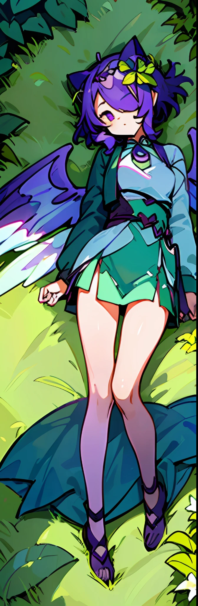 1girl, ((heart shaped leaves, purple_yam, winged_yam, ube,)) (full body,(( leaf, garden, plant, plant girl,))) teal eyes, cat cat ears, sweet beautiful woman, (((glowing wings, ( purple hair,))) green streaks in hair, hair over one eye,) ((masterpiece)), colorful, (extremely detailed CG unity 8k wallpaper), (masterpiece), (best quality), (ultra-detailed), (best illustration),(best shadow), dakimakura \(medium\), daki,( leaf hair ornament,)