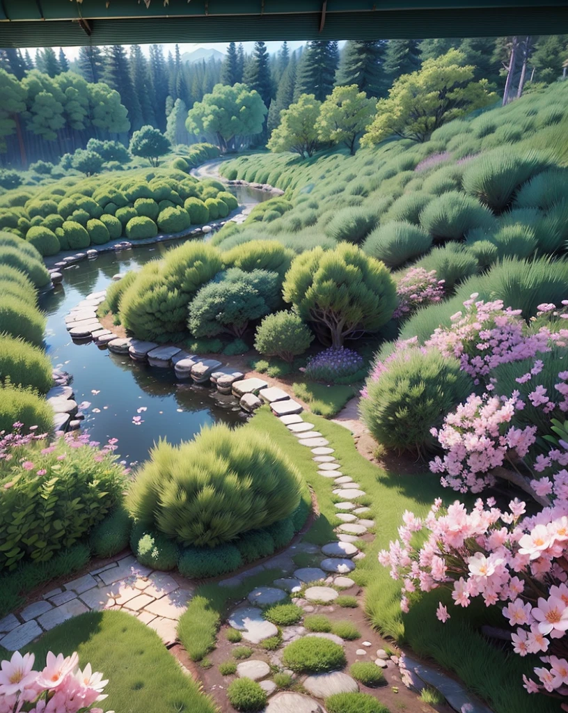 Masterpiece, best quality, (extremely detailed CG unity 8k wallpaper), (best quality), (best illustration), (best shading), ancient garden, garden in the middle, pine forest on both sides, cobblestone road , sakura tree, middle right creek, isometric 3D, octane rendering, ray tracing, super detailed, --v 6