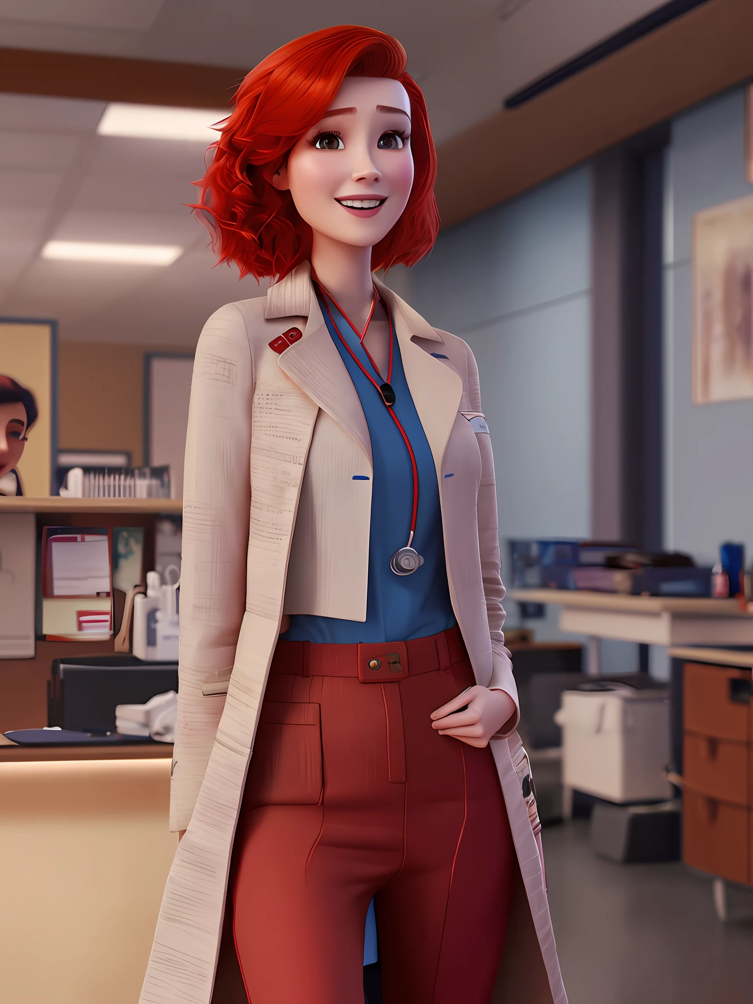 pixarstyle a waist-length portrait of a young woman red hair, in clinic, wearing doctor's coat, smile, office, natural skin texture, 4k textures, hdr, intricate, highly detailed, sharp focus, cinematic look, hyperdetailed