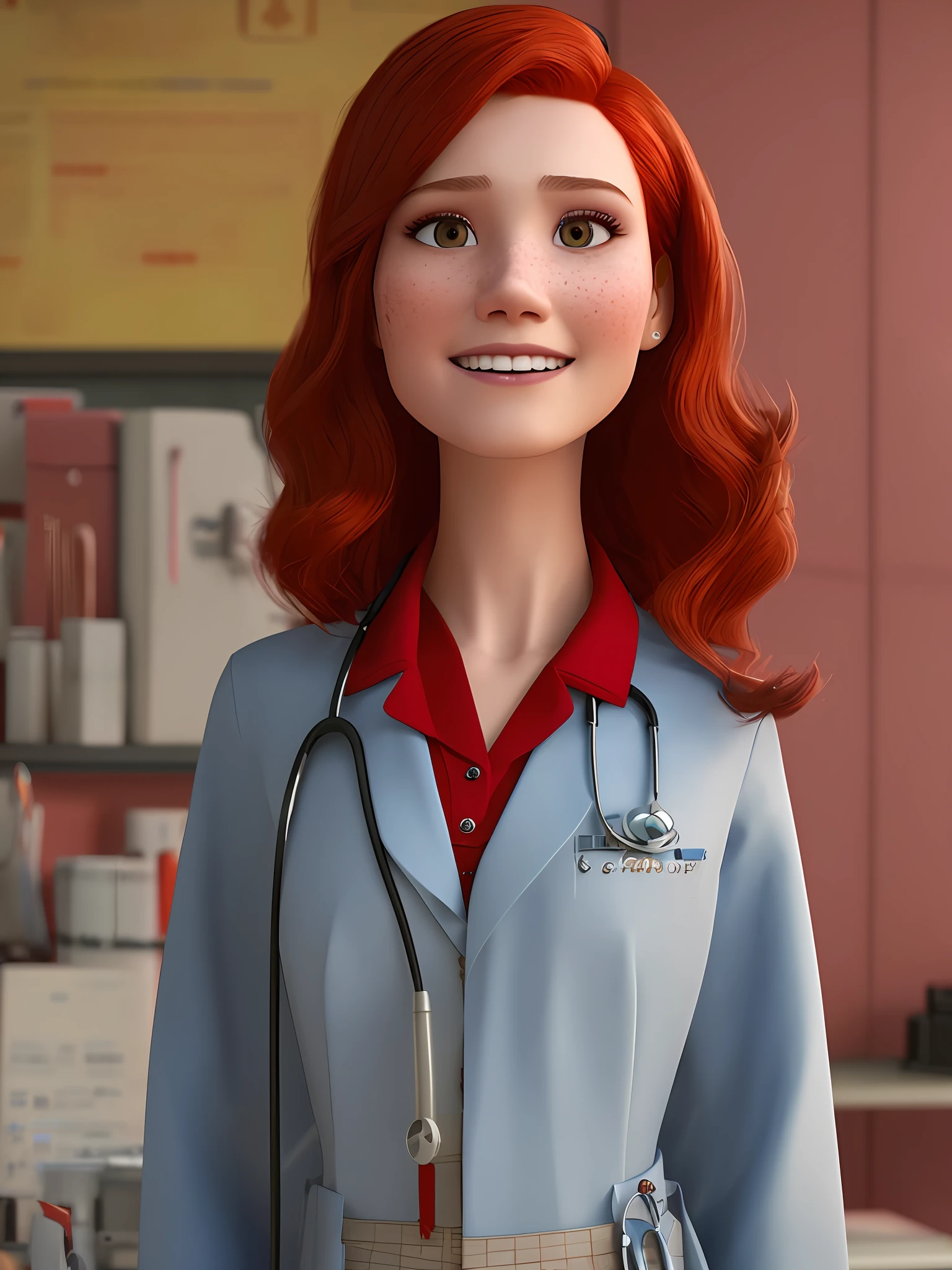 pixarstyle a waist-length portrait of a young woman red hair, in clinic, wearing doctor's coat, smile, office, natural skin texture, 4k textures, hdr, intricate, highly detailed, sharp focus, cinematic look, hyperdetailed