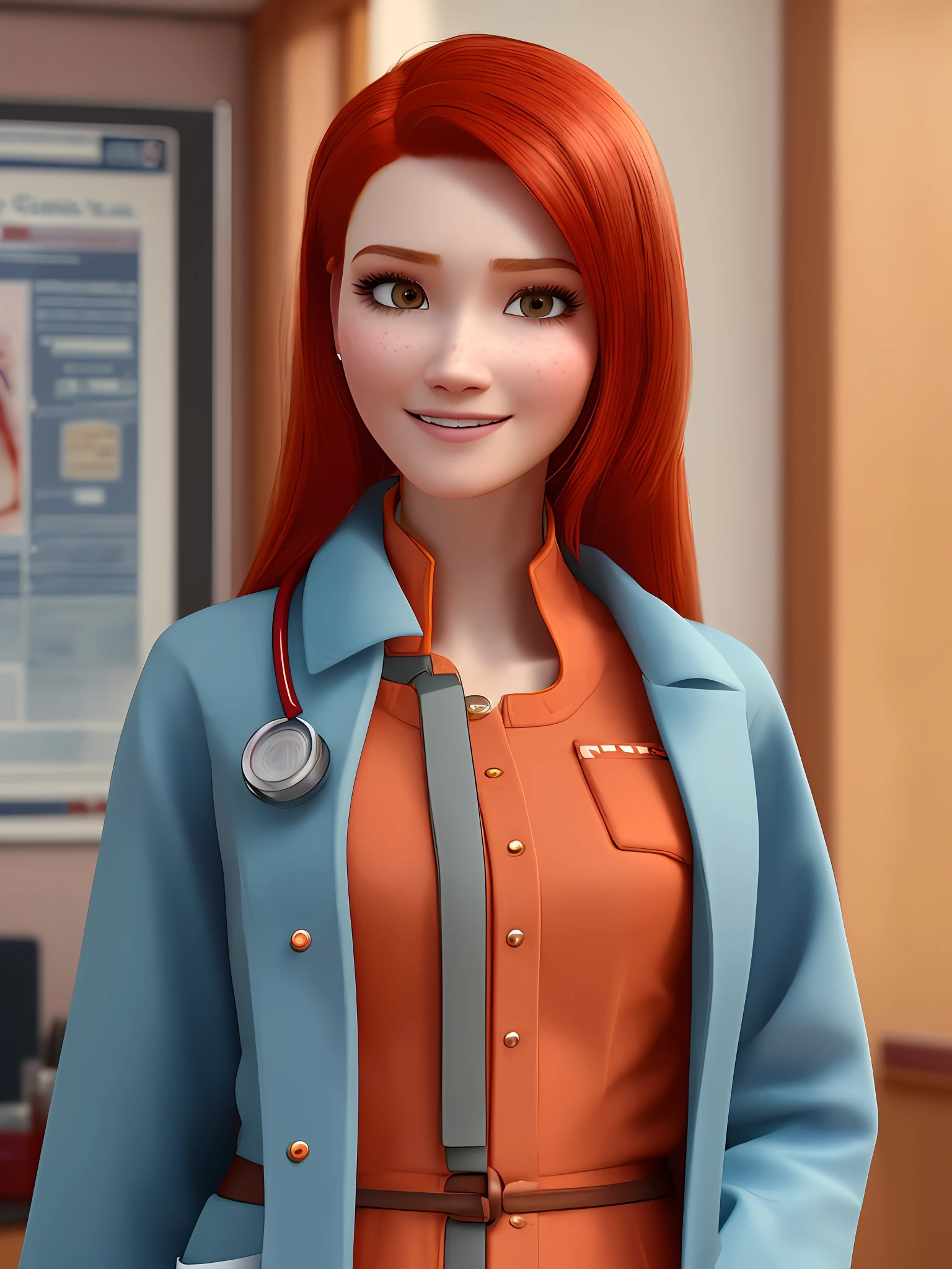 pixarstyle a waist-length portrait of a young woman red hair, in clinic, wearing doctor's coat, smile, office, natural skin texture, 4k textures, hdr, intricate, highly detailed, sharp focus, cinematic look, hyperdetailed