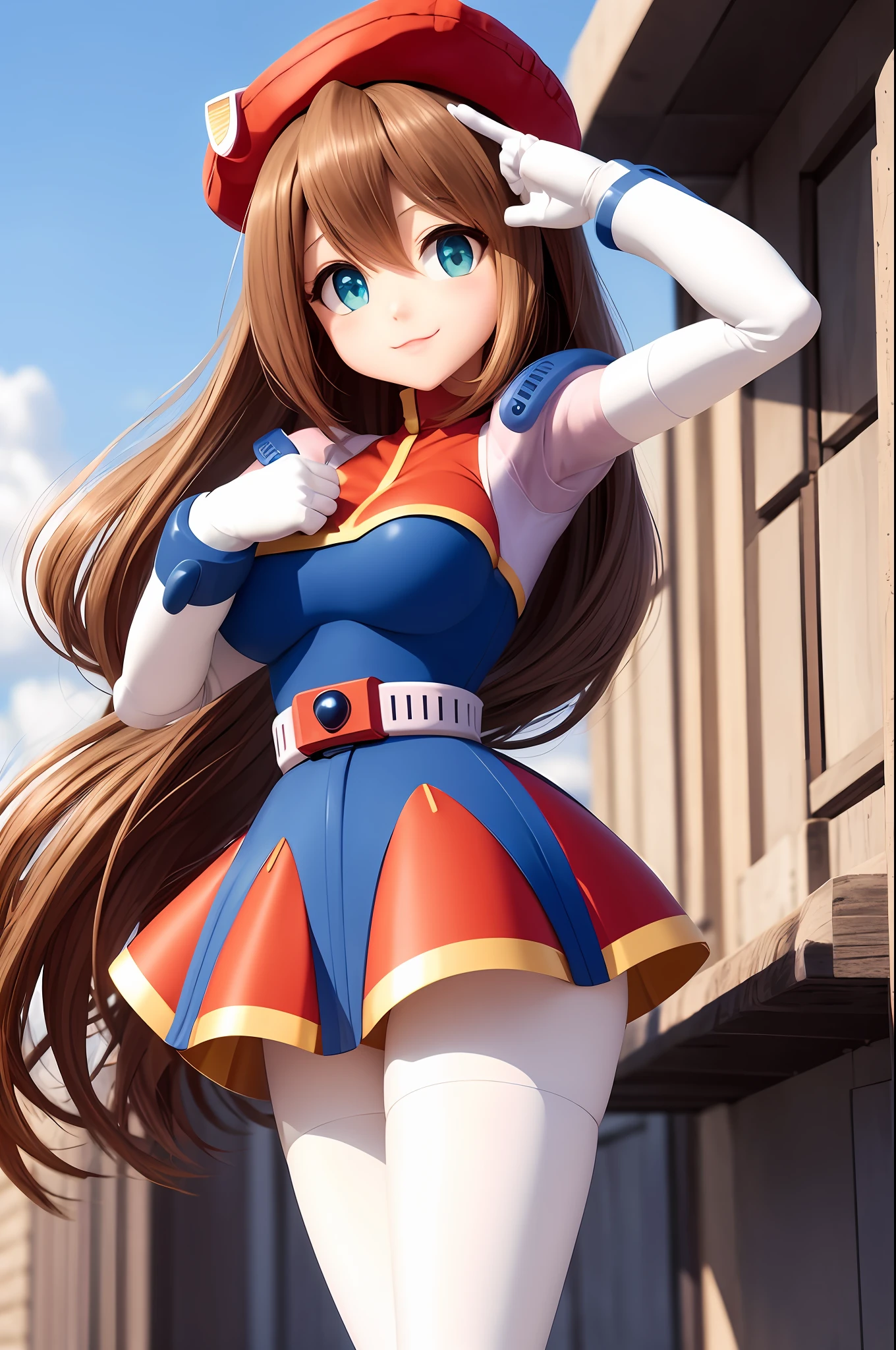 medium breasts, beautiful detailed eyes, floating hair, iris_megamanx, 1girl, solo, android, long hair, breasts, brown hair, hat, green eyes:1.1, white gloves, beret, white footwear, smile, hands with 4 fingers and one thumb, blue red and white dress, small eyes, two legs,