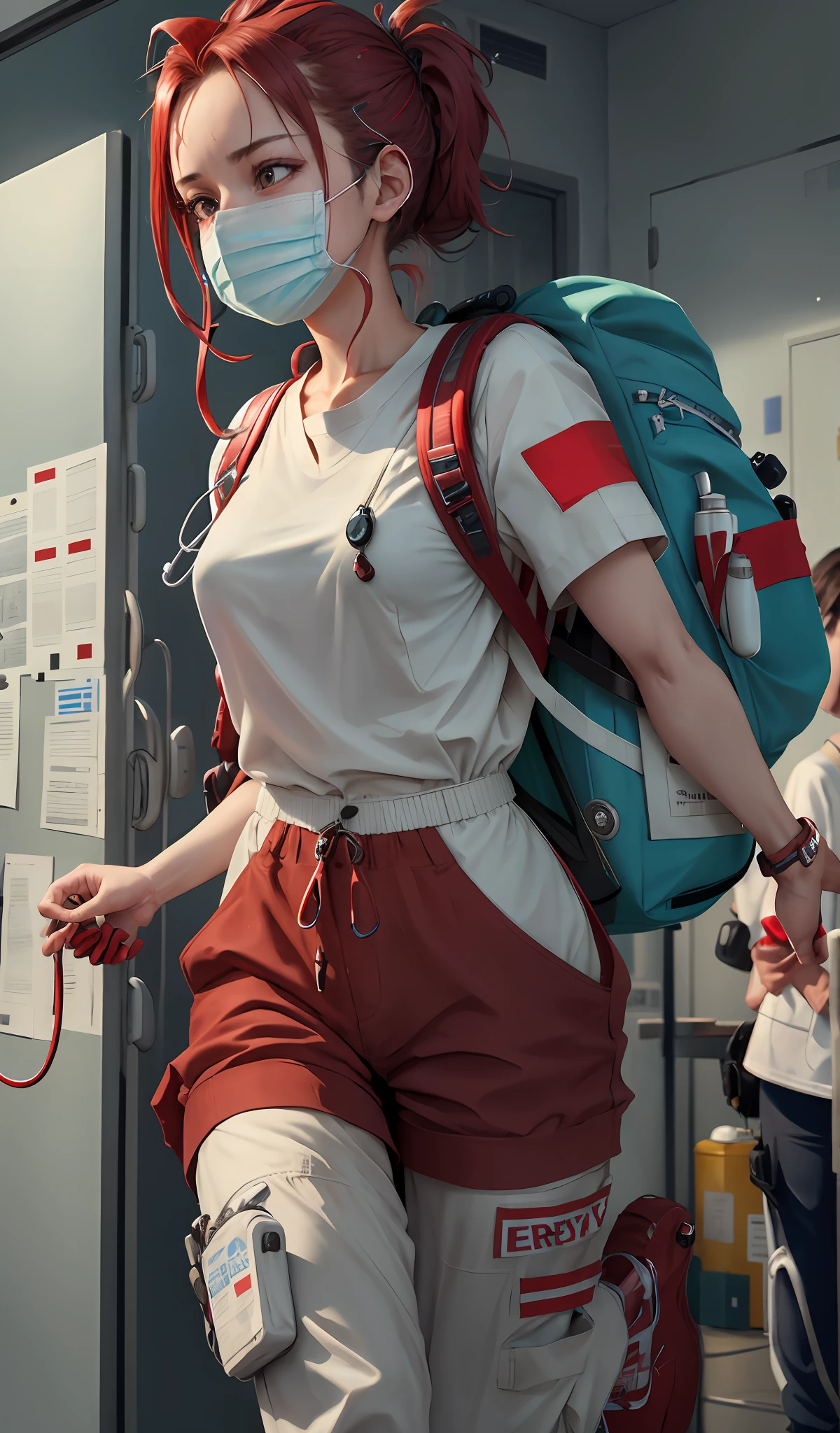 4k, realistic, carismatic, very detail, there is a girl in hospital, she is a doctor, baggy pants, white theme, cute hair, 22 years old, full body, wearing white-blue sneakers, wearing a stethoscope on neck, blue medical gloves, (red emergency backpack:1.6), (running into operating room:1.4), anime, solo, (in a hurry:0.8)