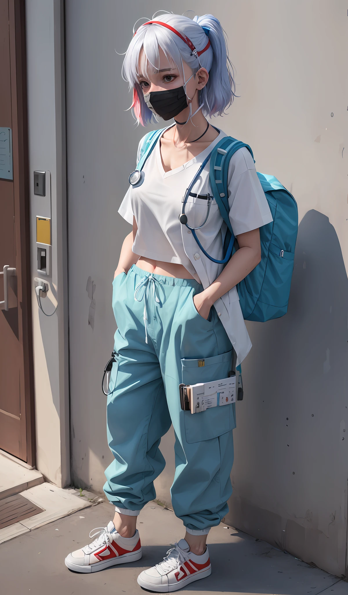 4k, realistic, carismatic, very detail, there is a girl in hospital, she is a doctor, (paramedic:0.6),  baggy pants, white theme, cute hair, 20 years old, full body, wearing white-blue sneakers, wearing a stethoscope on neck, blue medical gloves, red emergency backpack, blue medical mask, carrying medical monitor