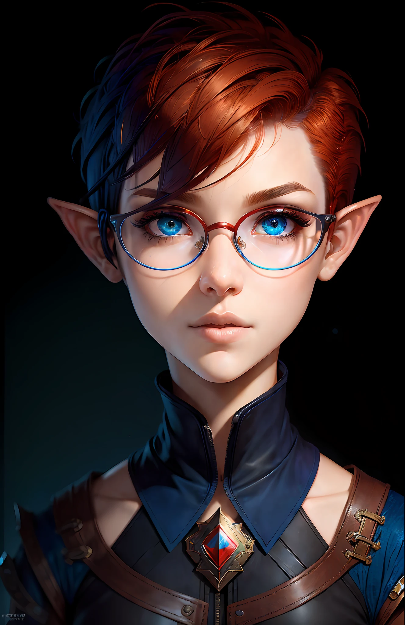 (((headshot))) (((Masterpiece))), best quality, ultra-detailed CG unity 8k wallpaper (1girl:1.3) androgynous female (short red pixie cut hair:1.3) (blue eyes) (black glasses) elf ears