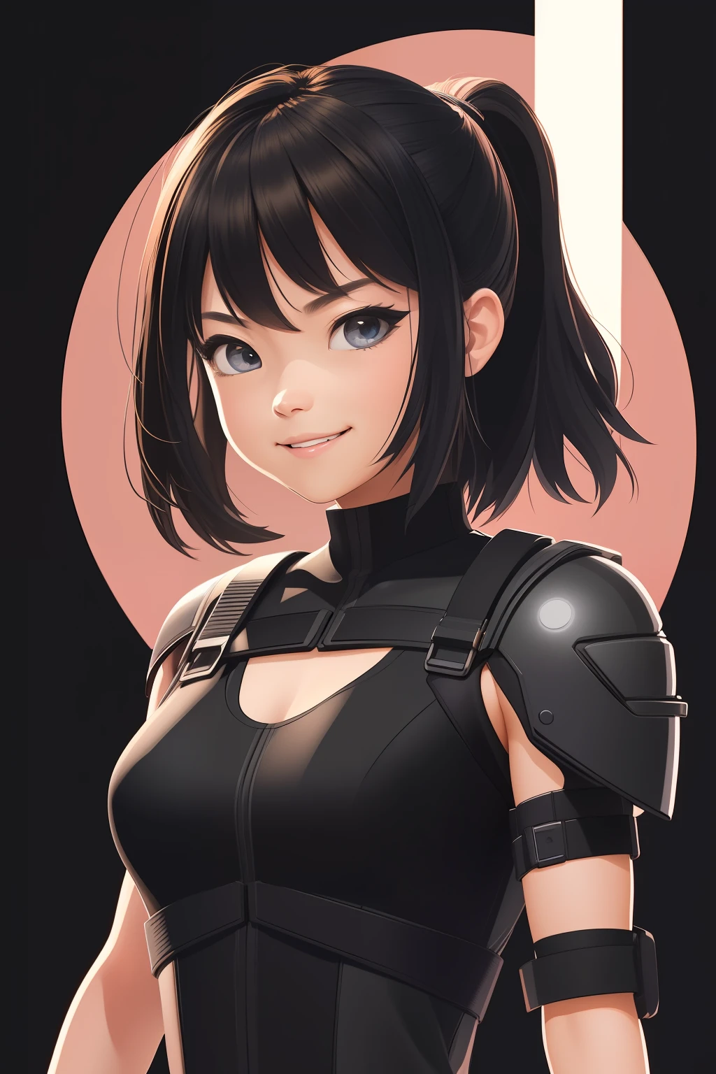 comic book art style, girl in black cyberpunk warrior costume, t-shirt design, bold colors, black background, Studio Ghibli style, plain dark black background, cinematic lighting effect, smiling, charming, tetradic pastel colors, 3D vector art, fantasy art, bokeh, Adobe Illustrator, hand-drawn, digital painting, soft lighting, isometric style, 4K resolution, photorealistic rendering, highly detailed clean, vector image, photorealistic masterpiece, professional photography, backdrop simple space, flat white background, isometric, vibrant vector