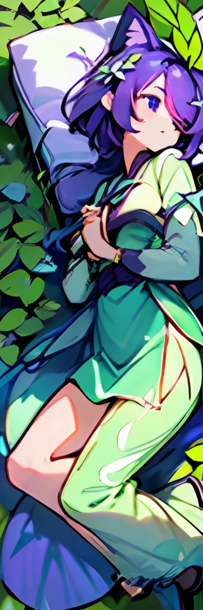 1girl, ((heart shaped leaves, purple_yam, winged_yam, ube,)) (full body,(( leaf, garden, plant, plant girl,))) teal eyes, cat cat ears, sweet beautiful woman, (((glowing wings, ( purple hair,))) green streaks in hair, hair over one eye,) ((masterpiece)), colorful, (extremely detailed CG unity 8k wallpaper), (masterpiece), (best quality), (ultra-detailed), (best illustration),(best shadow), dakimakura \(medium\), daki,( leaf hair ornament,)