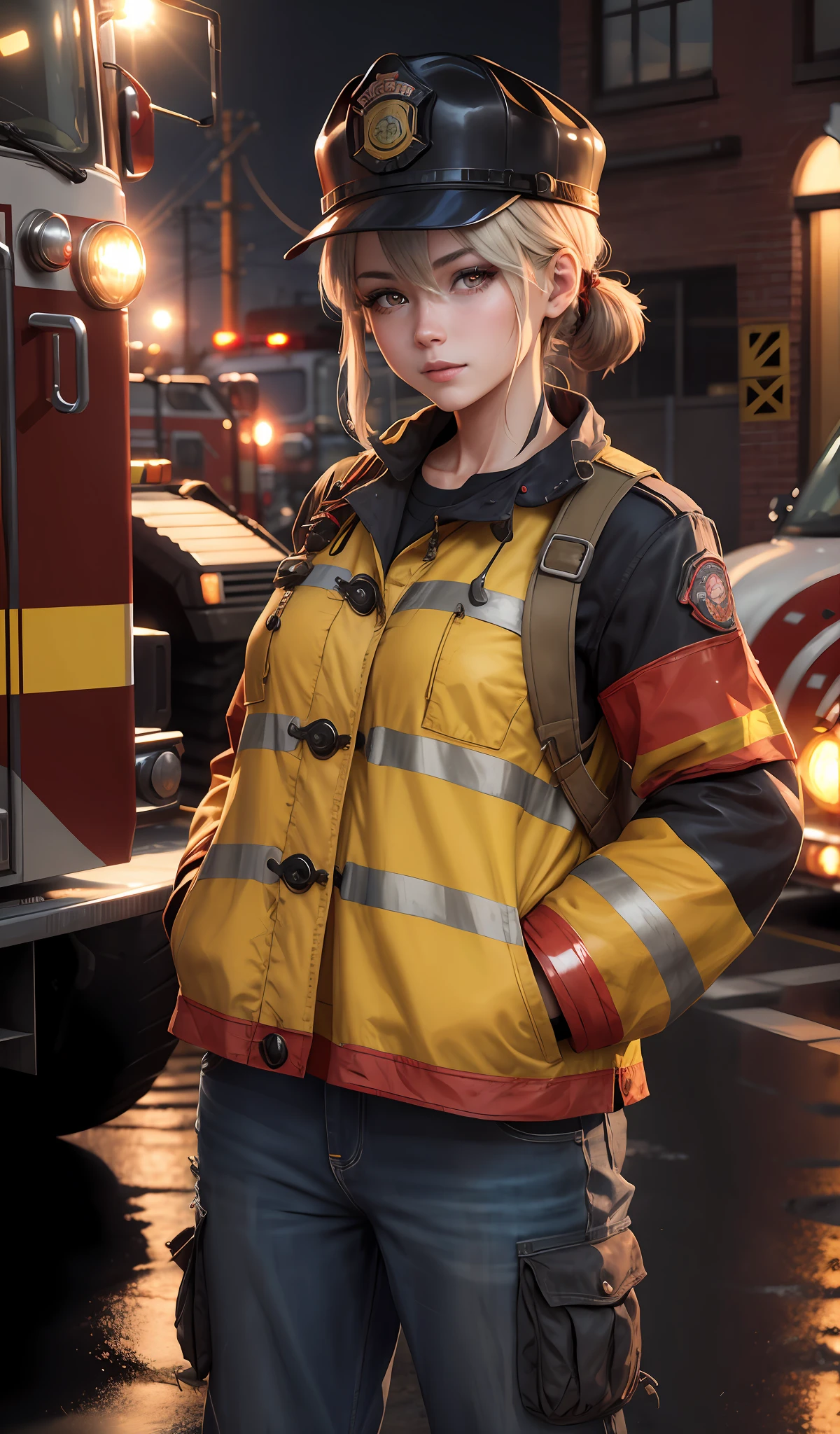 firefighter, realistic, 4k, cinematic, anime, girl, cute, 22yo, charismatic