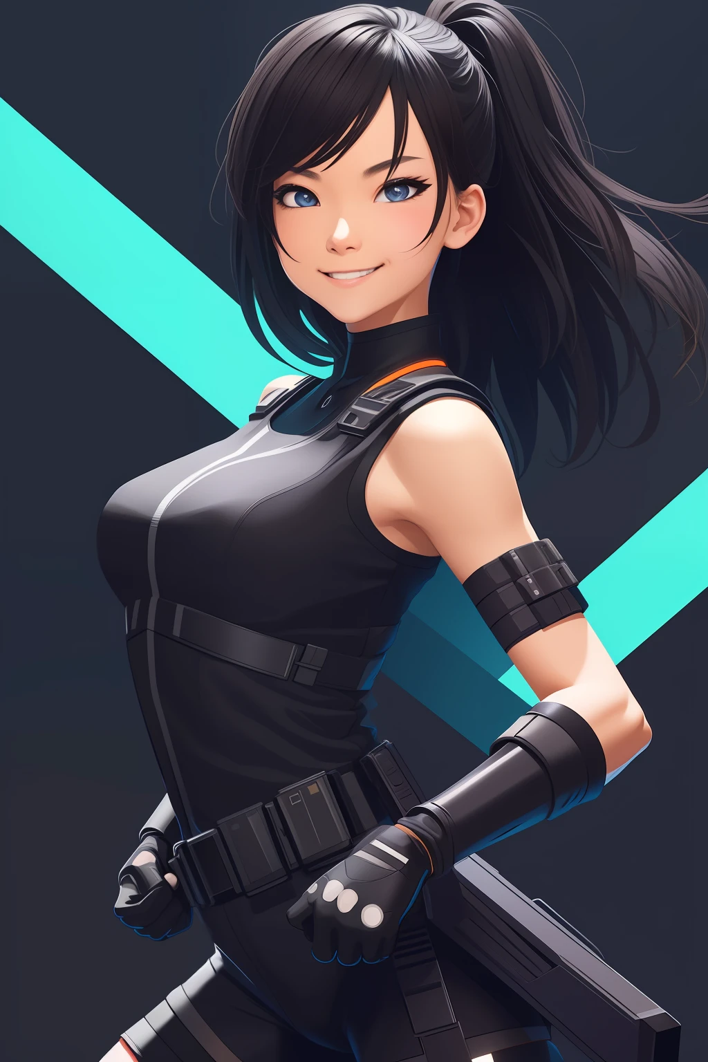 comic book art style, girl in black cyberpunk warrior costume, t-shirt design, bold colors, black background, Studio Ghibli style, plain dark black background, cinematic lighting effect, smiling, charming, tetradic pastel colors, 3D vector art, fantasy art, bokeh, Adobe Illustrator, hand-drawn, digital painting, soft lighting, isometric style, 4K resolution, photorealistic rendering, highly detailed clean, vector image, photorealistic masterpiece, professional photography, backdrop simple space, flat white background, isometric, vibrant vector