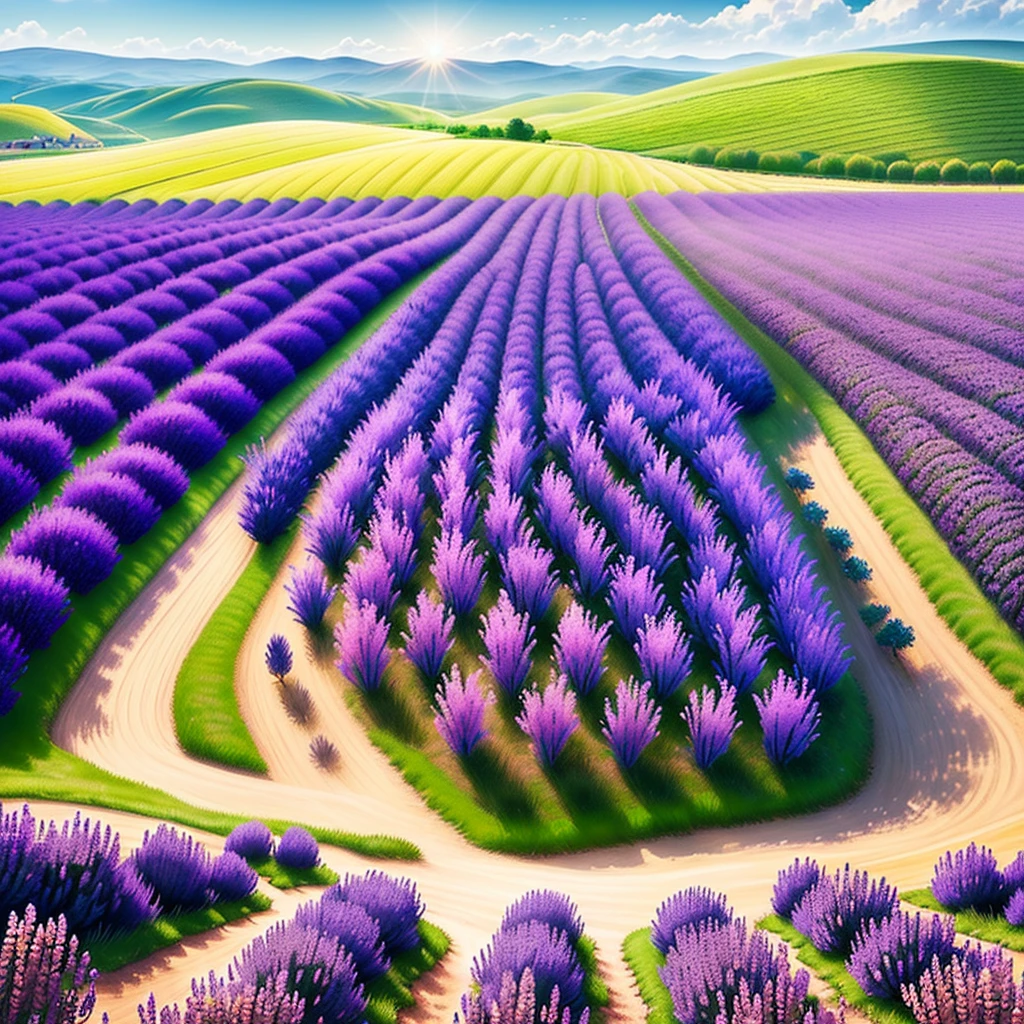 Paint a realistic landscape using oil medium, portraying a picturesque scene of Italian field on a bright sunny day with a olive trees positioned at the center. Capture the serene beauty of the wheat fields in full bloom, emphasizing the bright vibrant purple hues and delicate textures of the flowers. The composition should showcase the vastness of the fields, with rows of wheat extending into the distance and lavender fields in the foreground. The single tree, positioned prominently off center, should provide a focal point and create a sense of balance within the composition. A small farmhouse in the distance. Pay attention to capturing the play of light and shadow on the landscape, particularly the interplay of sunlight filtering through the lavender blooms. Render the details of the tree's bark, branches, and leaves with precision, ensuring it stands out amidst the fields. soft pastel colors, use the rule of thirds for the composition --ar 3:2