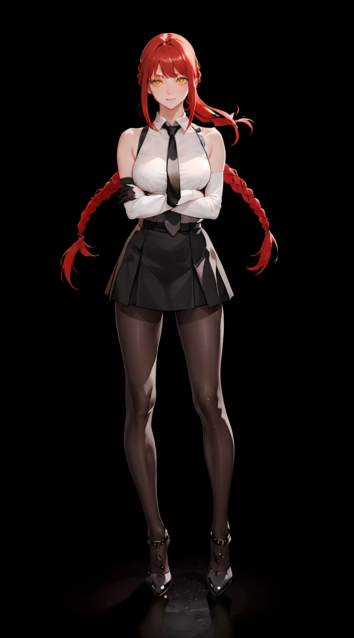 masterpiece, (photorealistic:1.4), best quality, beautiful lighting,KPop idol, black elbow gloves, black gloves, black necktie,black skirt,black pantyhose,white sleeveless white blouse,solo,bare shoulder,outdoor,full body,standing,crowded,crossed arms,nose blush,lean forward
(ulzzang-6500:0.5), makima \(chainsaw man\), (red hair)+(long braided hair)+(bangs), yellow eyes, golden eyes, ((ringed eyes)),medium breast, detailed face,smile,
RAW photo, 8k uhd, film grain,blurry background,