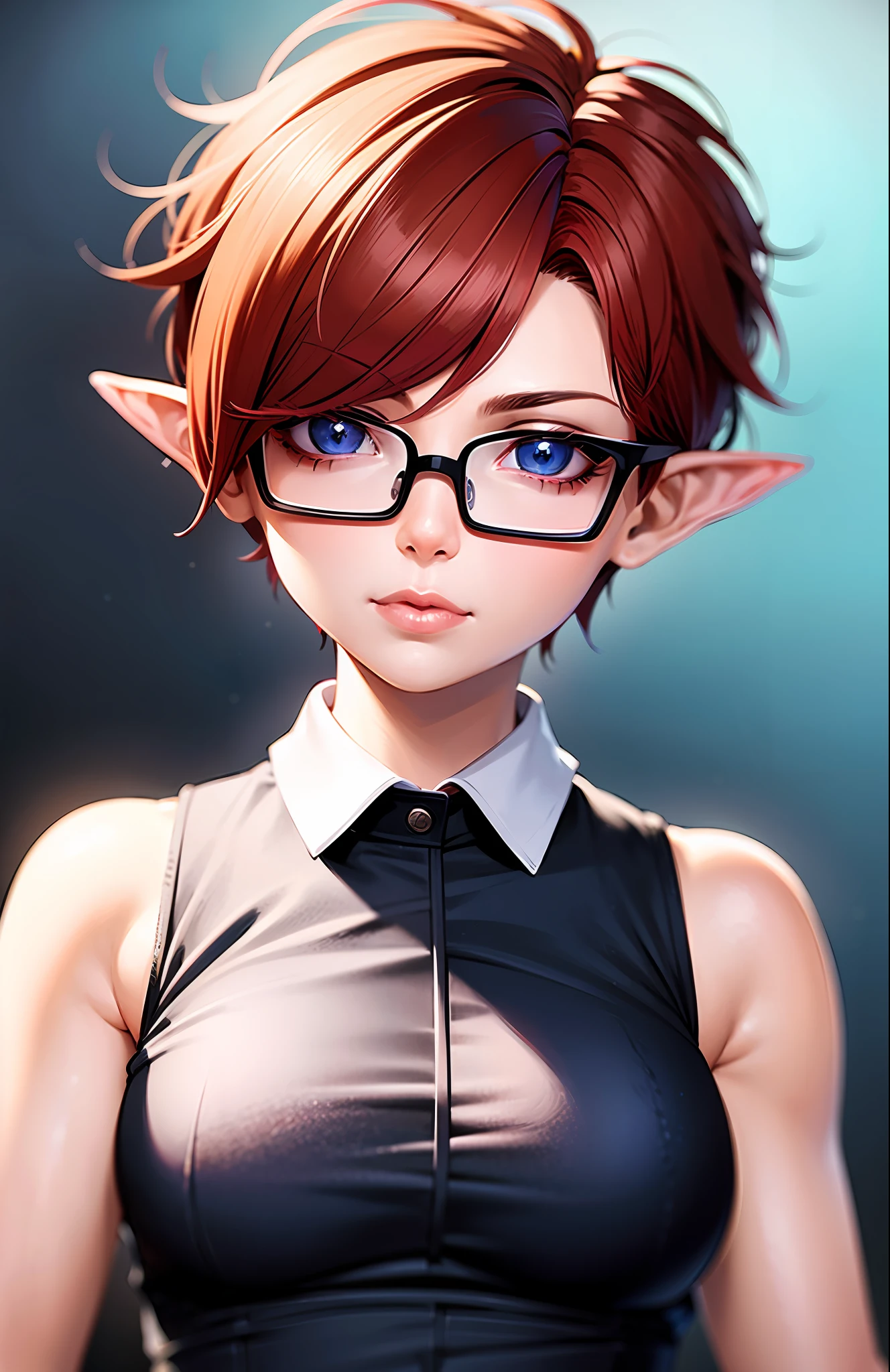 (((headshot))) (((Masterpiece))), best quality, ultra-detailed CG unity 8k wallpaper (1girl:1.3) androgynous female (short red pixie cut hair:1.3) (blue eyes) (black glasses) elf ears