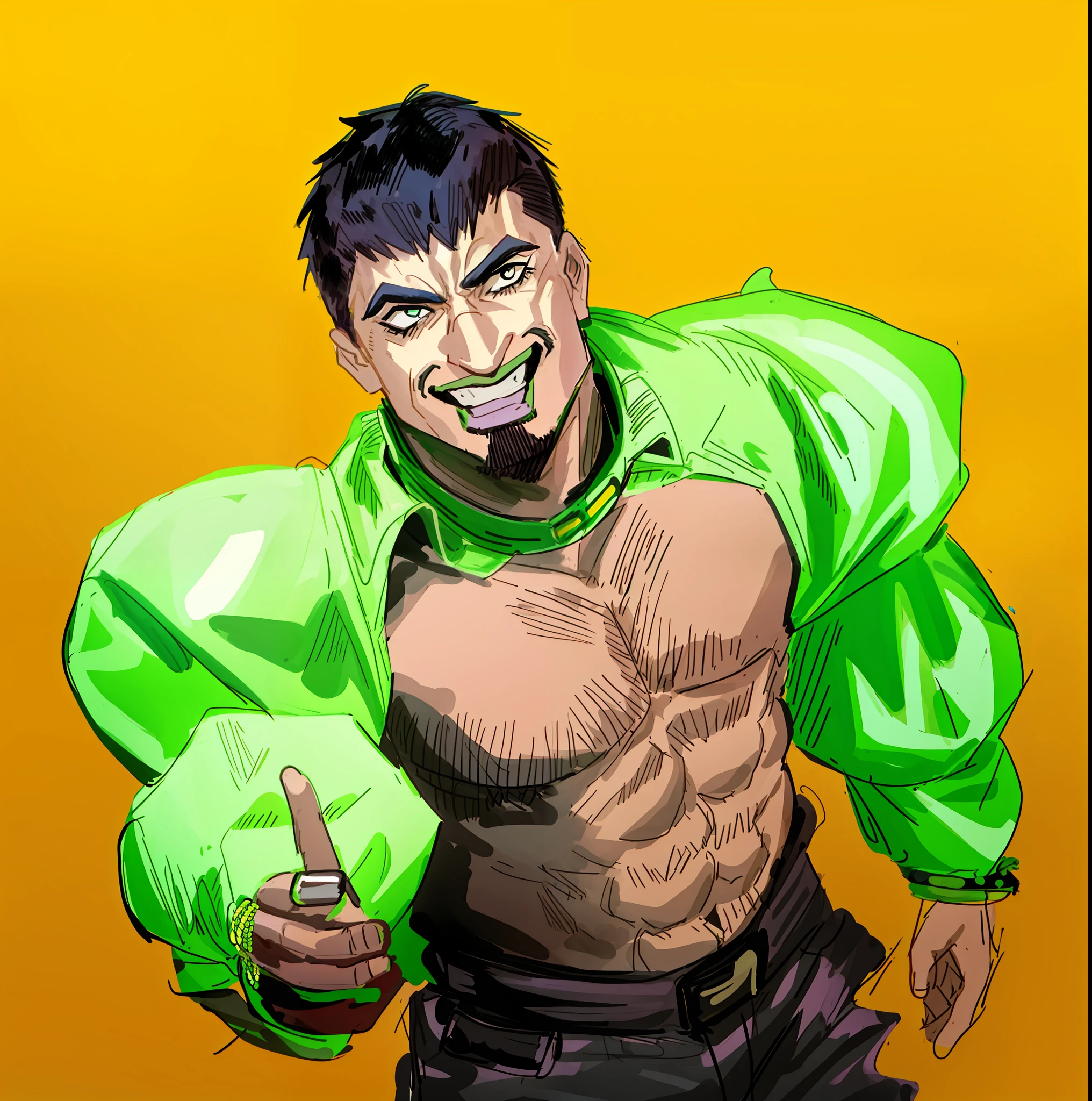 arafed man in a green shirt and black leather pants, future inflatable jacket, bold rave outfit, technoviking male with no shirt, portrait of lucha libre dj, portrait of a male punk, man in a jester costume, maxim sukharev, muscular! cyberpunk, posing as a jojo character, attractive beefy male with armor, enes dirig, male jester