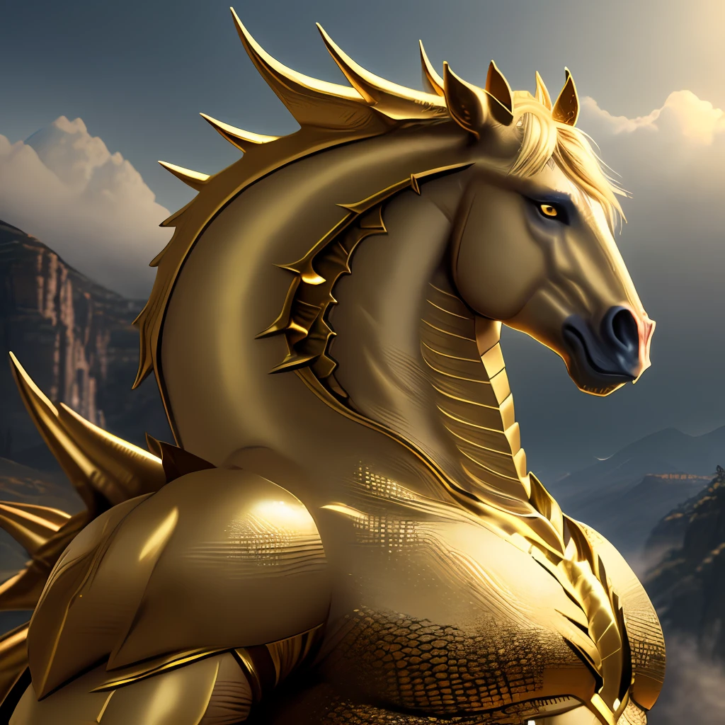 Creates an image of a mythological monster, horse body covered with golden scales, 2 heads one human and one dragon, angry, haunted valleys of bones scenery, quality images, 8k details ultra realistic, 3d style
