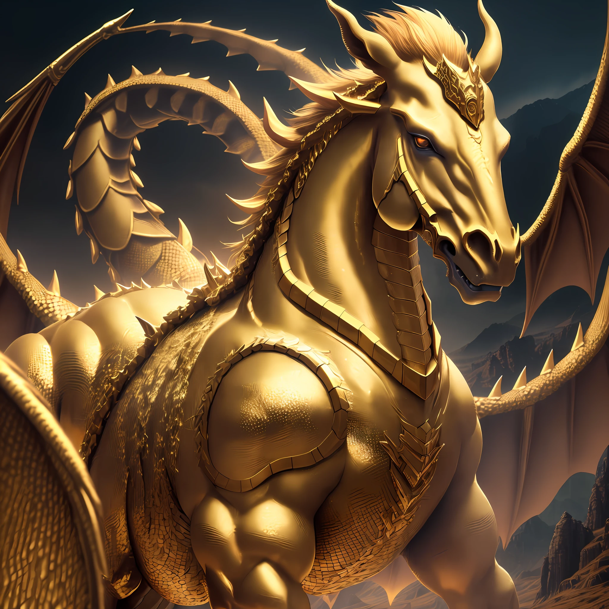 Creates an image of a mythological monster, horse body covered with golden scales, 2 heads one human and one dragon, angry, haunted valleys of bones scenery, quality images, 8k details ultra realistic, 3d style