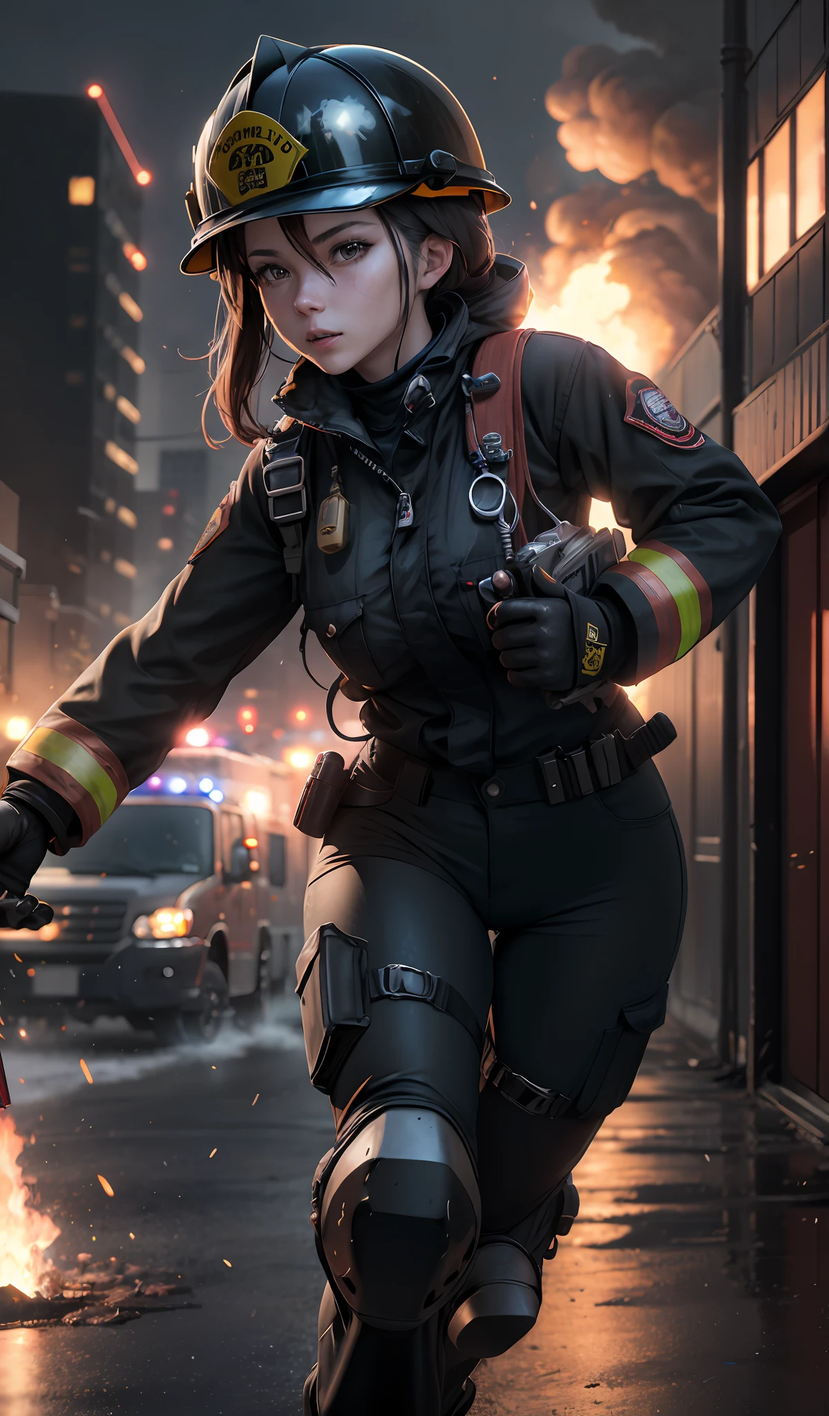 firefighter, realistic, 4k, cinematic, anime, girl, cute, 22yo, charismatic, helmet, protective pants, black themed clothes, running towards camera, in full gear, burning builiding, night