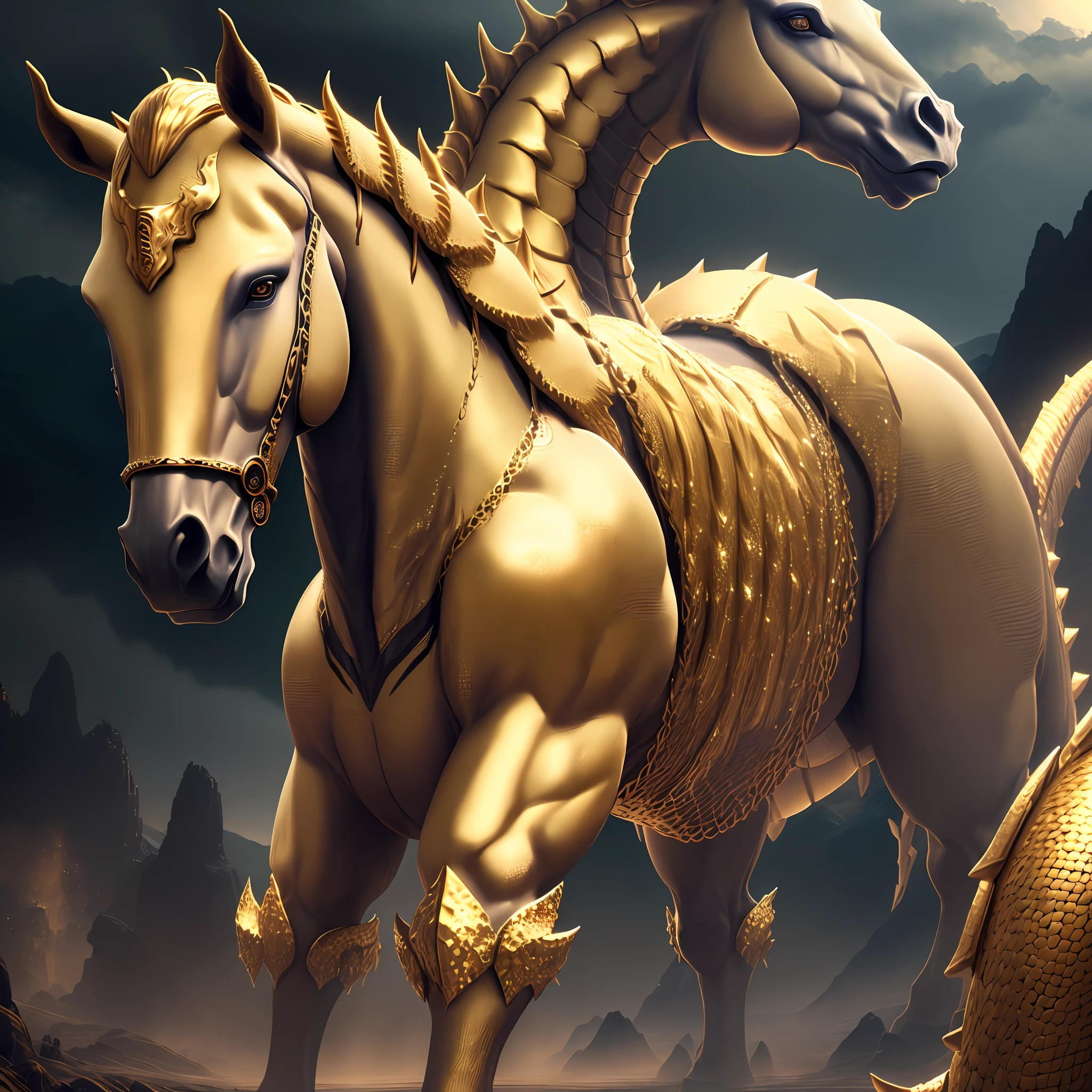 Creates an image of a mythological monster, horse body covered with golden scales, 2 heads one human and one dragon, angry, haunted valleys of bones scenery, quality images, 8k details ultra realistic, 3d style