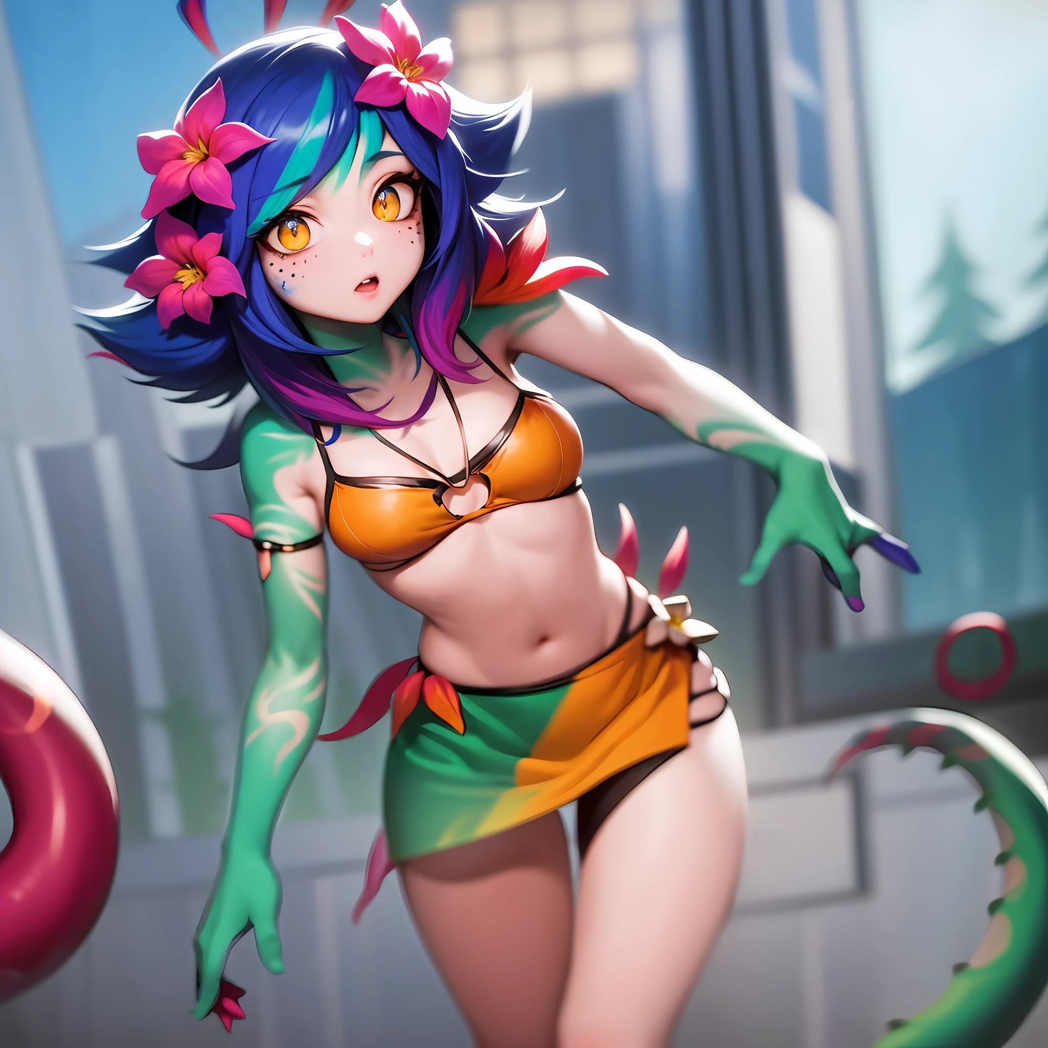 best illustration, illustration, vibrant colors, masterpiece, best quality, absurdities, 1girl, beautiful face, detailed eyes, looking at viewer, contrapposto, seductive, sexy, standing, full body, neeko, facial marks, hair ornaments , hair flower, necklace, lizard tail, multicolored skin, body paint, black micro bikini, walking in public, embarrassed, red with embarrassment, panting