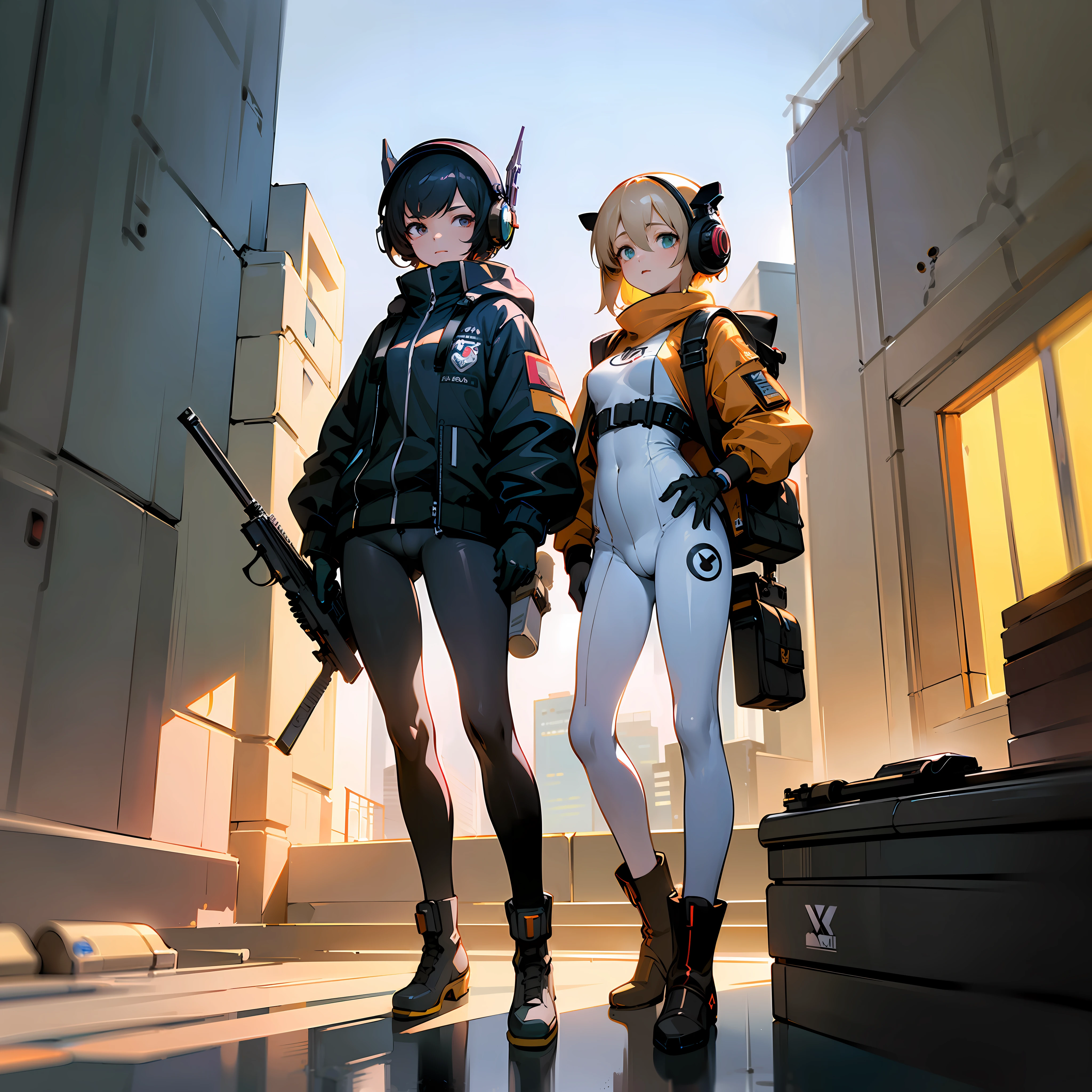 ((high quality)), ((masterpiece)), 8k, 2girls, cars, light rays, extremely detailed CG unity 8k wallpaper, cg game, looking at viewer, gloves, boots, full body, watch , computer, mask, drone, holding gun, headphones, jacket, bag, backpack, cameltoe, neon