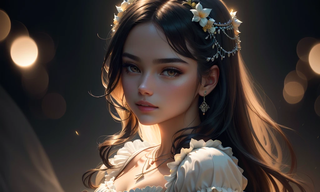 Best Quality, Masterpiece, High Resolution, 1girl, Porcelain Dress, Hair Accessories, Necklace, Jewelry, Beautiful Face, Physically, Tyndall Effect, Realistic, Backlighting, Dark Studio, Edge Lighting, Duotone Lighting, (High detail skin: 1.2), 8k uhd, dslr, soft light, high quality, volume light, photo, high resolution, 4k, 8k, bokeh,