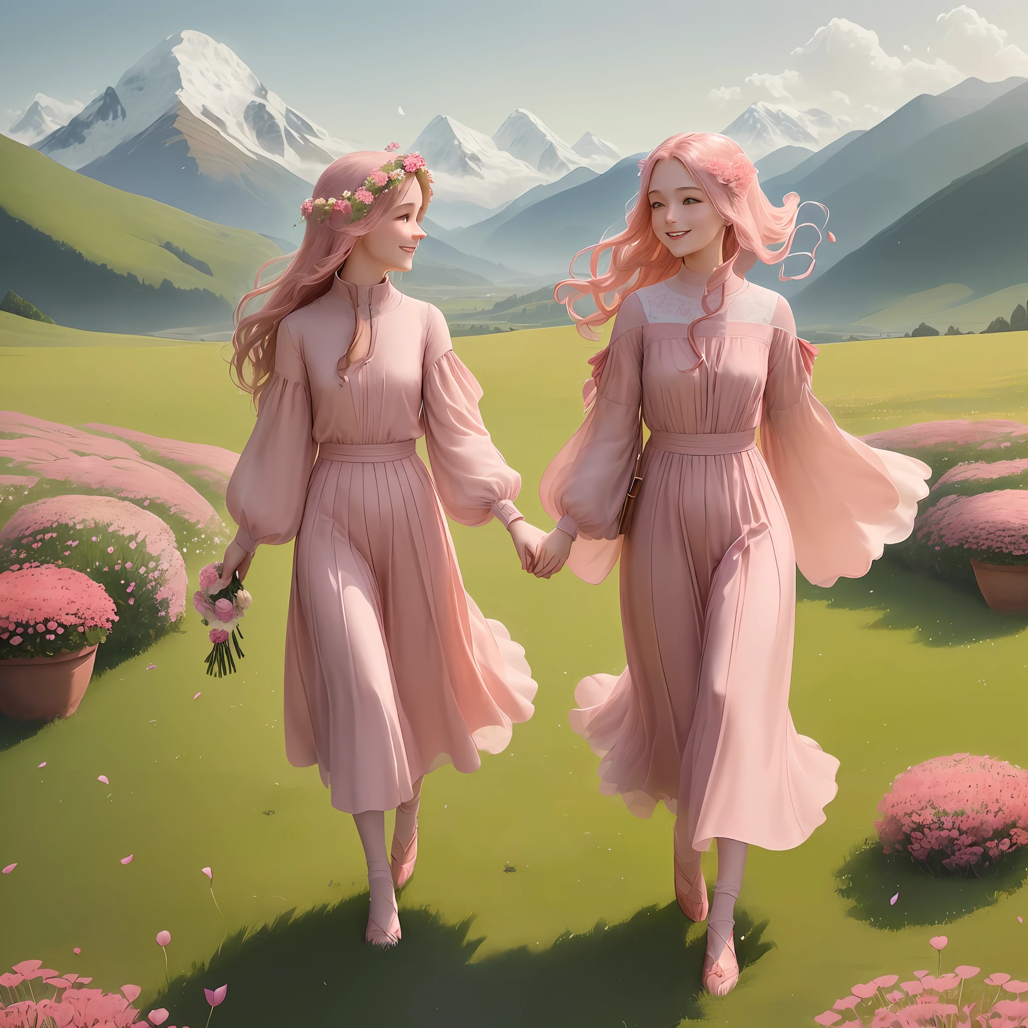 "(Sense of luxury: 1.3) ((1 person), a girl in rose-colored clothes, holding flowers, smiling and walking into the distance, upright): 0.8, (Grass, distant mountains, colorful dandelions and falling flowers: 1.2 ), (rose petals are floating, the breeze is blowing, beautiful and picturesque): 1.2"