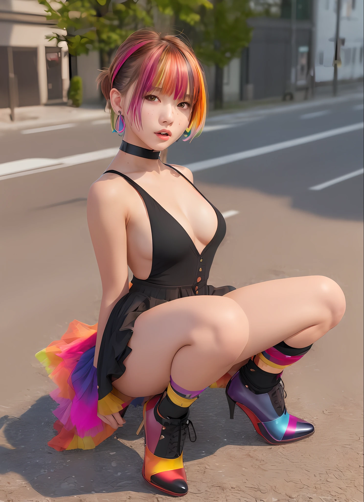 ((medium breast, tomboy girl, small head)), daylight, sunlight, (perfect body : 1.1), (young), (short wavy hair : 1.2) , choker, full body shot, crowded street, ((miniskirt)), (extremely detailed CG 8k wallpaper), (an extremely delicate and beautiful), (masterpiece), (best quality:1.0), (ultra highres:1.0), beautiful lighting ,perfect lightning,pulling skirt, realistic shadows, [highres], detailed skin, ultra-detailed, spread thigh, one leg up, squatting on the floor, black thighhigh, red high heels, large earring, thighs, (((colorful))), (loosely worn top), beauty mark, nude, small breasts,