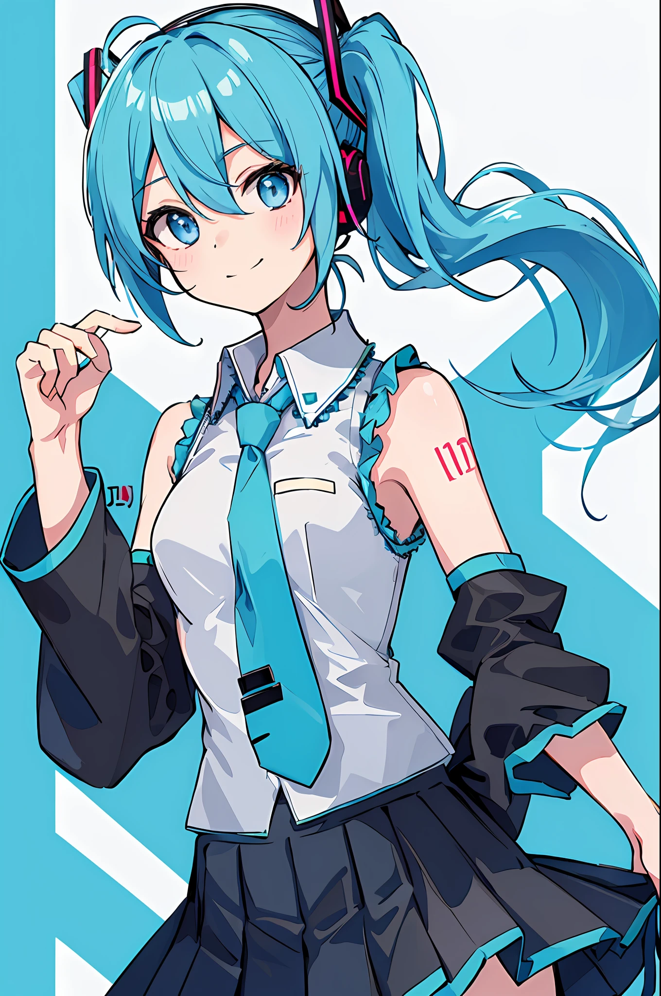 1girl, updo, skirt, bow, shirt, necktie, hatsune miku, detached sleeves, hair bow, black skirt, smile, pleated skirt, blue bow, collared shirt, ear bow, looking at viewer, black sleeves, cowboy shot, sleeveless shirt, hatsune miku (cosplay), cosplay, bangs, sleeveless, >_<, headphones, blue eyes, heart, closed mouth, hands up, white shirt, blue hair, aqua necktie, bare shoulders, long sleeves, aqua hair