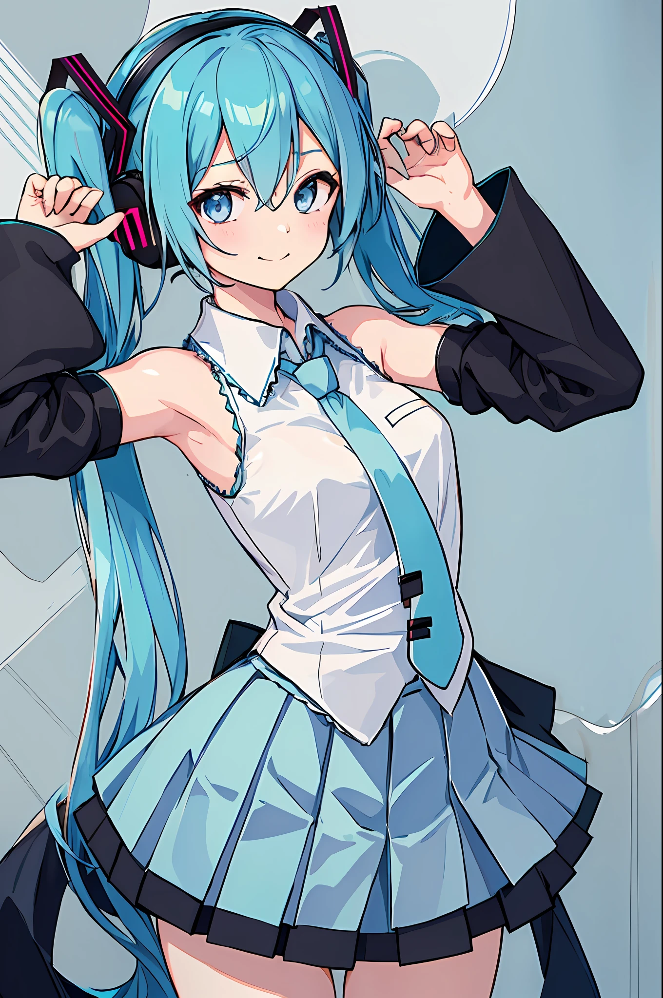 1girl, updo, skirt, bow, shirt, necktie, hatsune miku, detached sleeves, hair bow, black skirt, smile, pleated skirt, blue bow, collared shirt, ear bow, looking at viewer, black sleeves, cowboy shot, sleeveless shirt, hatsune miku (cosplay), cosplay, bangs, sleeveless, >_<, headphones, blue eyes, heart, closed mouth, hands up, white shirt, blue hair, aqua necktie, bare shoulders, long sleeves, aqua hair