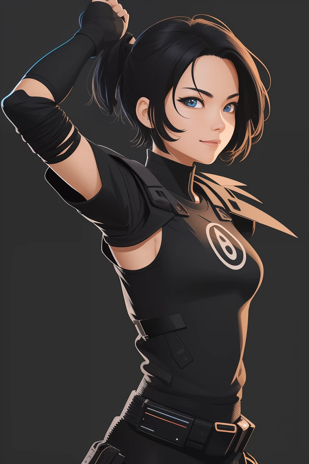 comic book art style, girl in black cyberpunk warrior costume, t-shirt design, bold colors, black background, Studio Ghibli style, plain dark black background, cinematic lighting effect, smiling, charming, tetradic pastel colors, 3D vector art, fantasy art, bokeh, Adobe Illustrator, hand-drawn, digital painting, soft lighting, isometric style, 4K resolution, photorealistic rendering, highly detailed clean, vector image, photorealistic masterpiece, professional photography, backdrop simple space, flat white background, isometric, vibrant vector