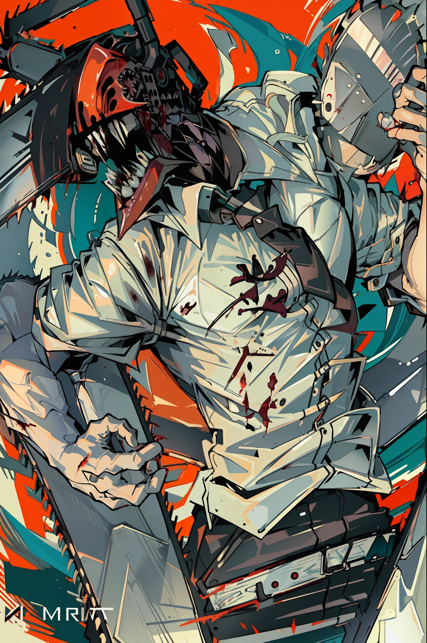 (masterpiece, best quality:1.2), solo, male focus, 1boy, chainsaw man, chainsaw, sharp teeth, open mouth, tongue, white collared shirt, (blood_on_clothes:1.2), black necktie, black pants