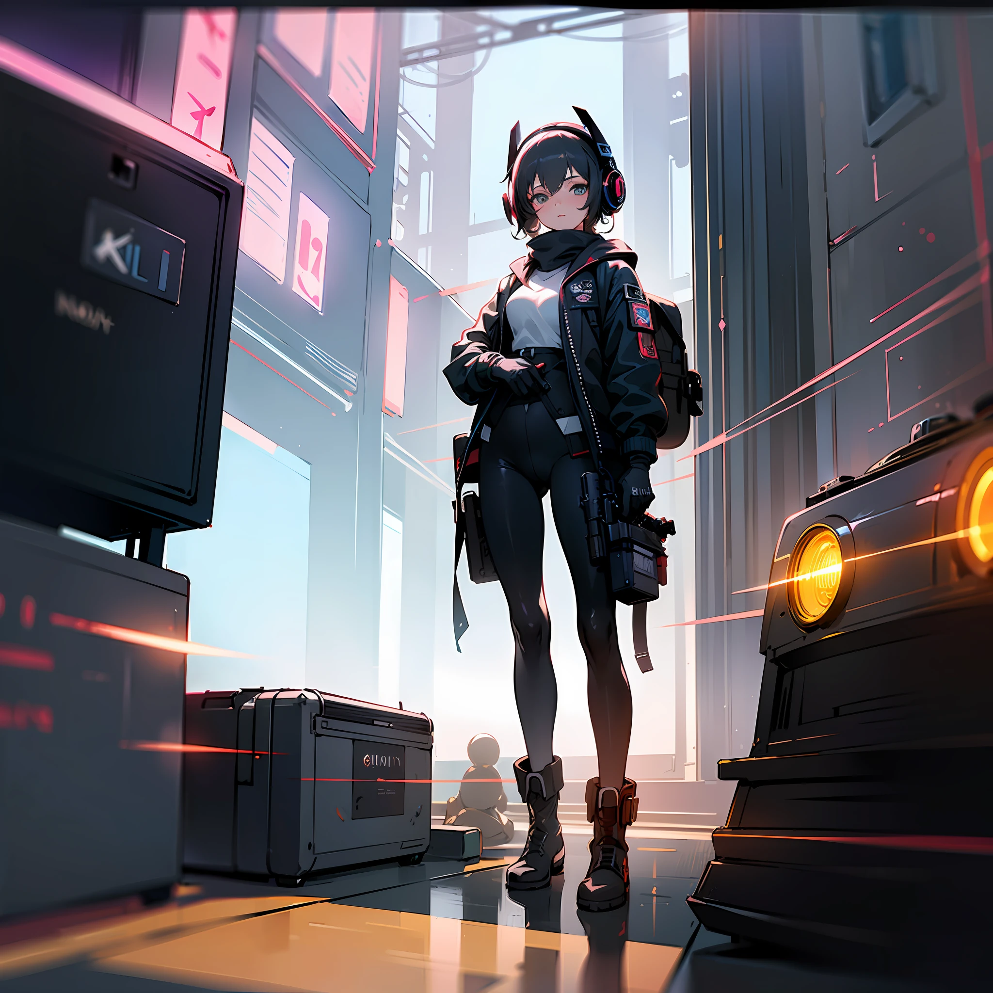 ((high quality)), ((masterpiece)), 8k, 1 girls, cars, light rays, extremely detailed CG unity 8k wallpaper, cg game, looking at viewer, gloves, boots, full body, watch, computer, mask, drone, holding gun, headphones, jacket, bag, backpack, cameltoe, neon, cyberpunk