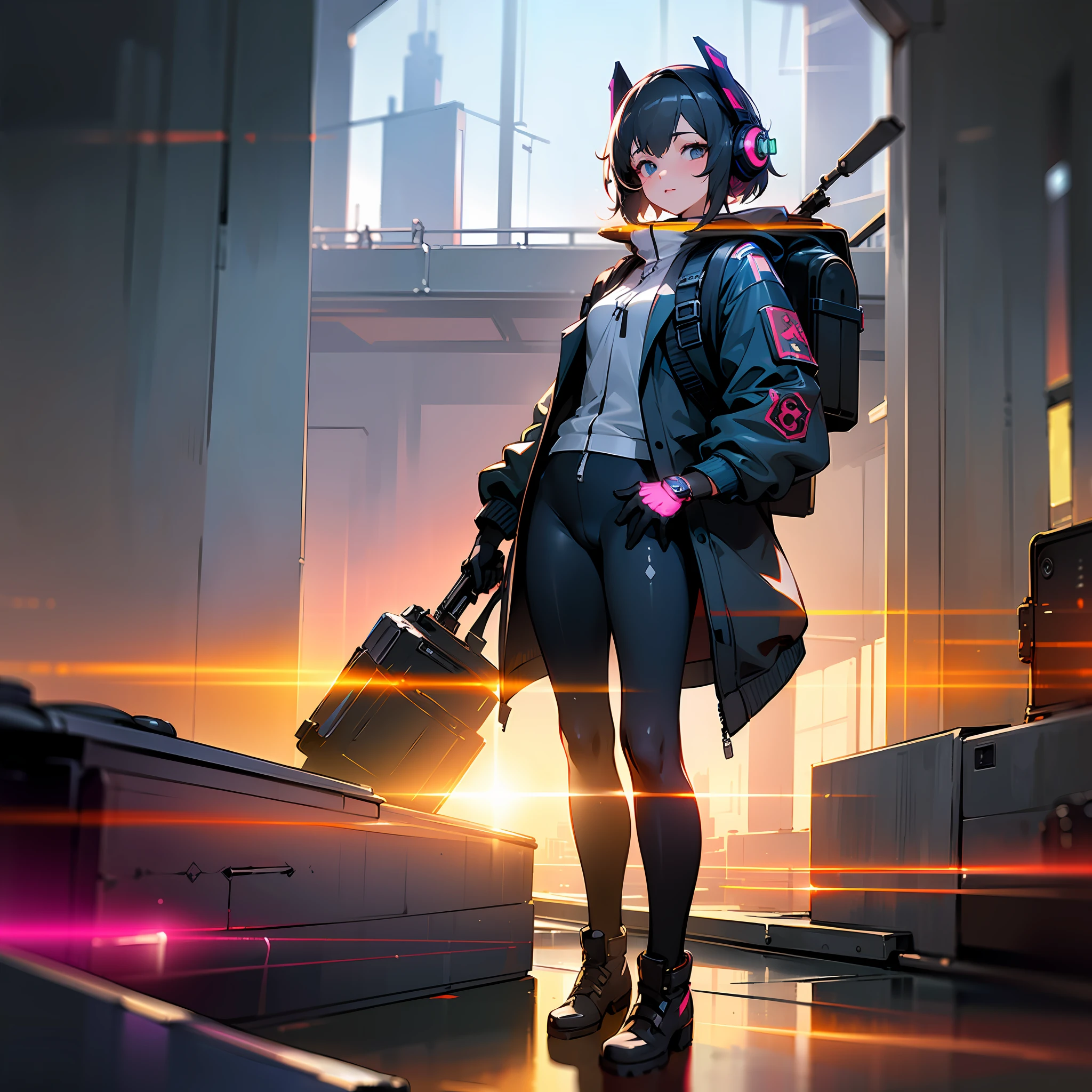 ((high quality)), ((masterpiece)), 8k, 1 girls, cars, light rays, extremely detailed CG unity 8k wallpaper, cg game, looking at viewer, gloves, boots, full body, watch, computer, mask, drone, holding gun, headphones, jacket, bag, backpack, cameltoe, neon, cyberpunk