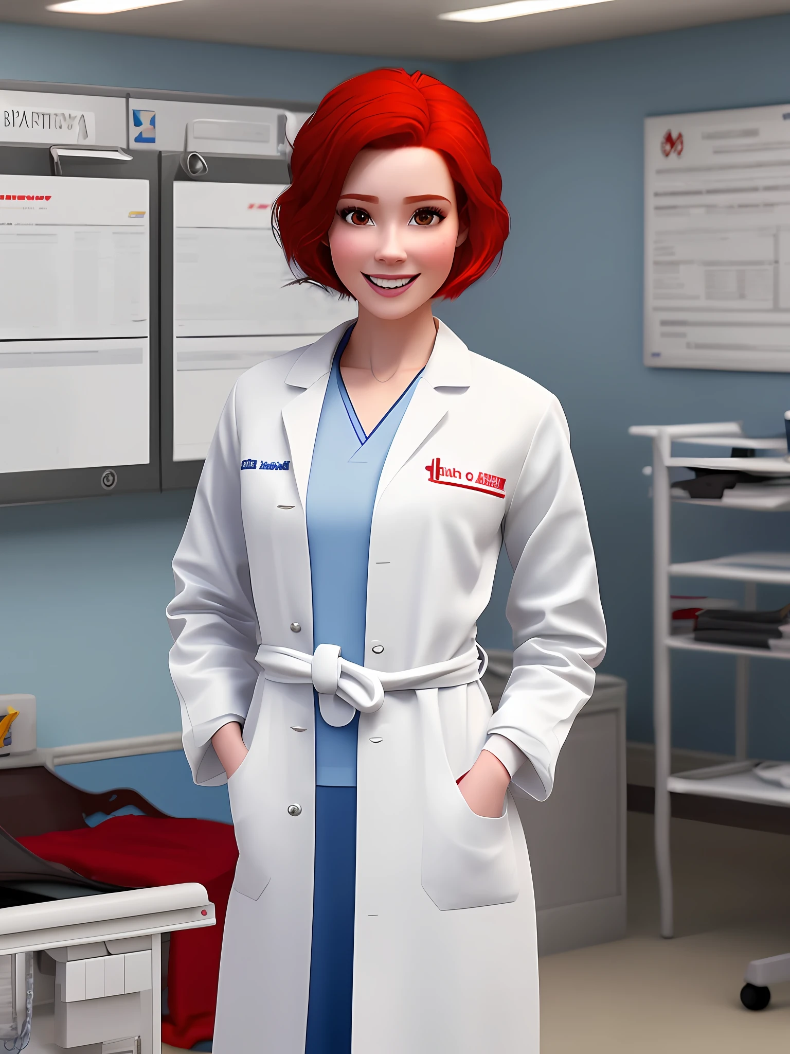 pixarstyle a waist-length portrait of young woman with red hair, in clinic, in a clinic, wearing white doctor's coat, smiling, frontal, natural skin texture, 4k textures, hdr, intricate, highly detailed, sharp focus, cinematic look, hyperdetailed
