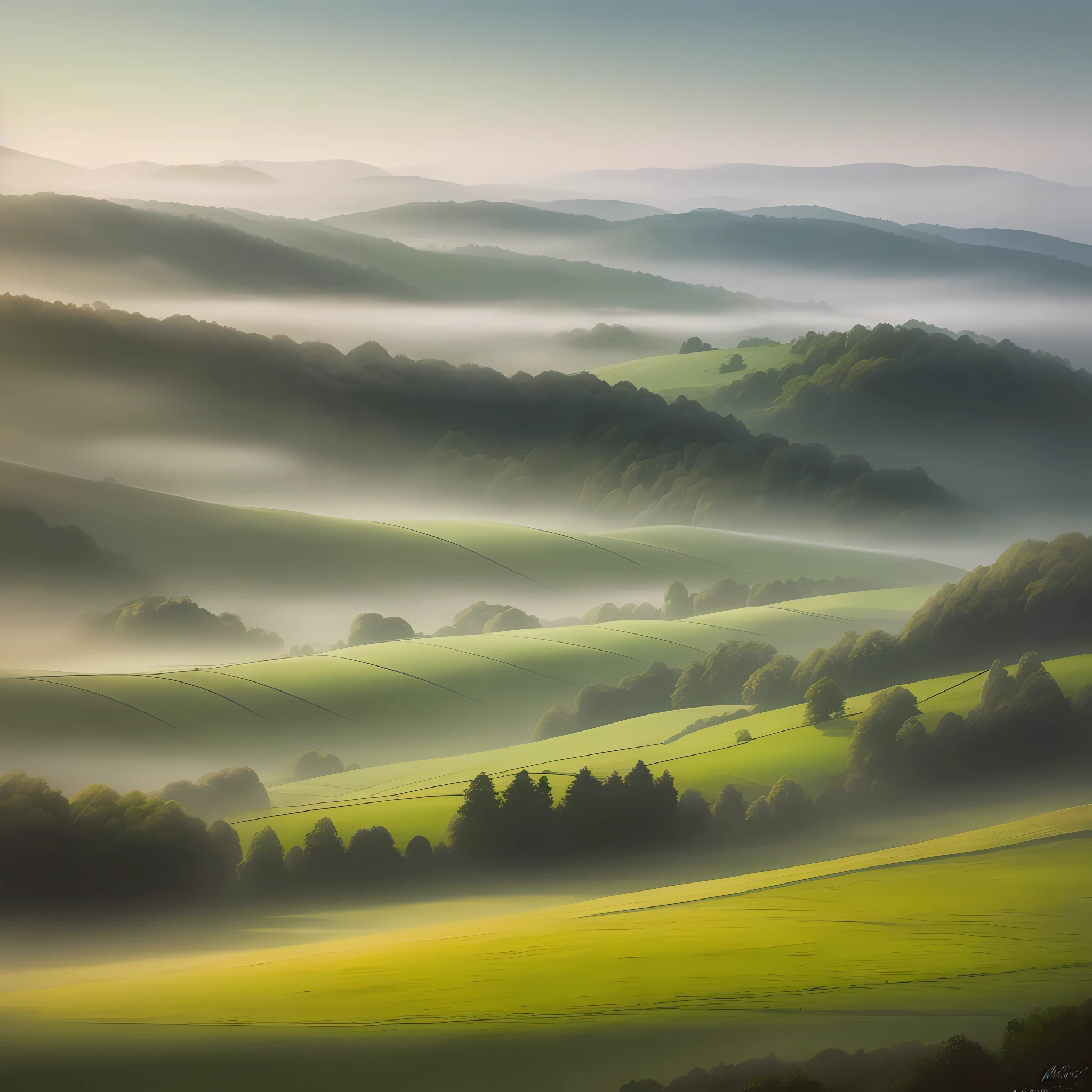 a dreamy misty countryside landscape in soft pastel colours