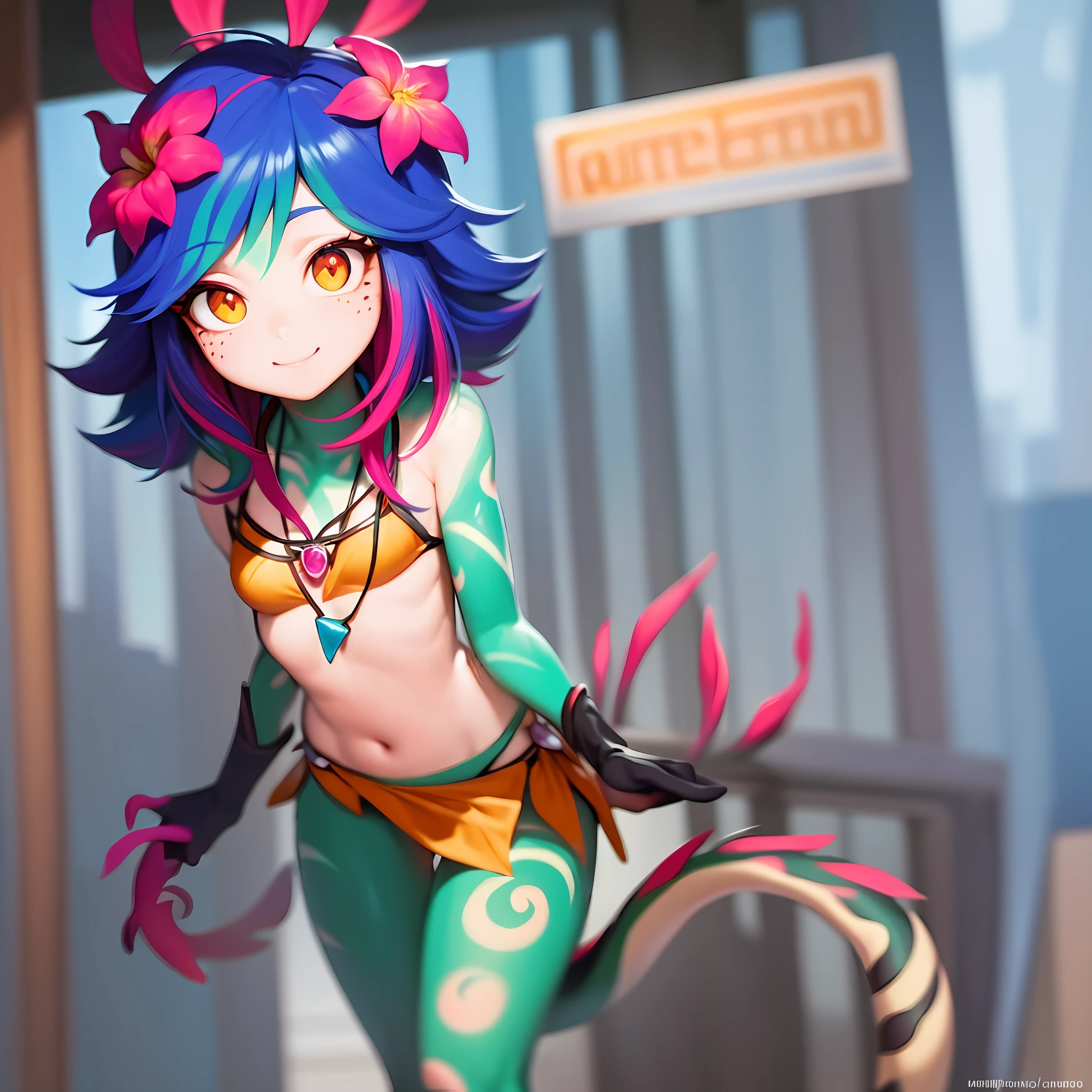 best illustration, illustration, vibrant colors, masterpiece, best quality, absurdities, 1girl, beautiful face, detailed eyes, looking at viewer, contrapposto, sexy, standing, full body, neeko, facial marks, hair ornaments, flower hair, necklace, lizard tail, multicolored skin, body paint, black micro bikini, walking in public, embarrassed, red with embarrassment, panting, smiling, in public