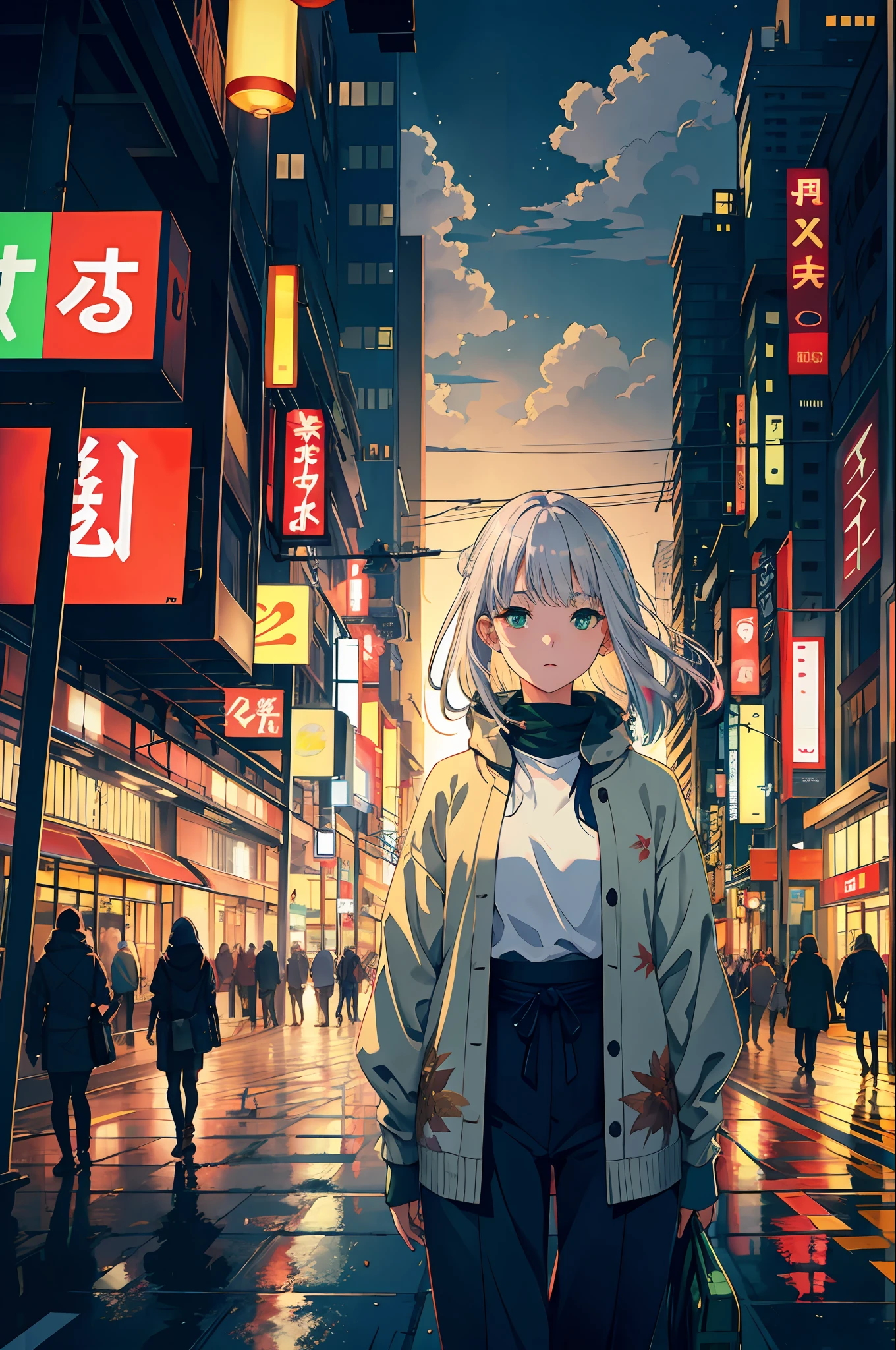 Anime girl in a city at night with a street sign - SeaArt AI