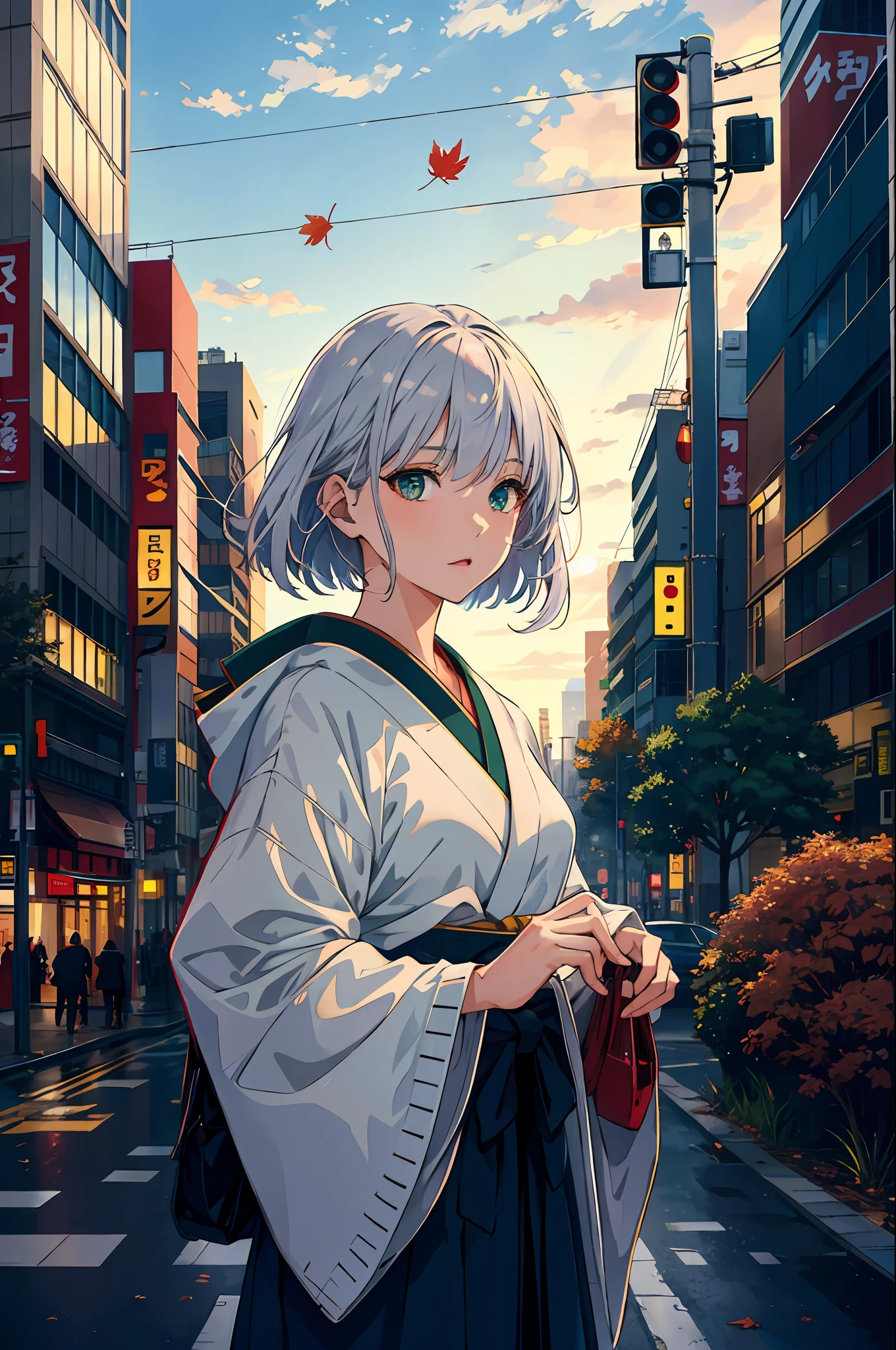 japan, high resolution, highest quality, illustration, ultra detailed, (detailed face), (detailed eyes), soft lighting, best quality, misty glow, dreamy atmosphere, hyper detailed, masterpiece, 1 girl, solo, silver hair, green eyes, knitwear, bright eyes, medium chest, (colored), cowboy shot, outdoors, evening, clouds, high rise buildings in background, industrial, public transportation, urban, buildings concrete, concrete, sidewalk, busy, trees, autumn, falling leaves,