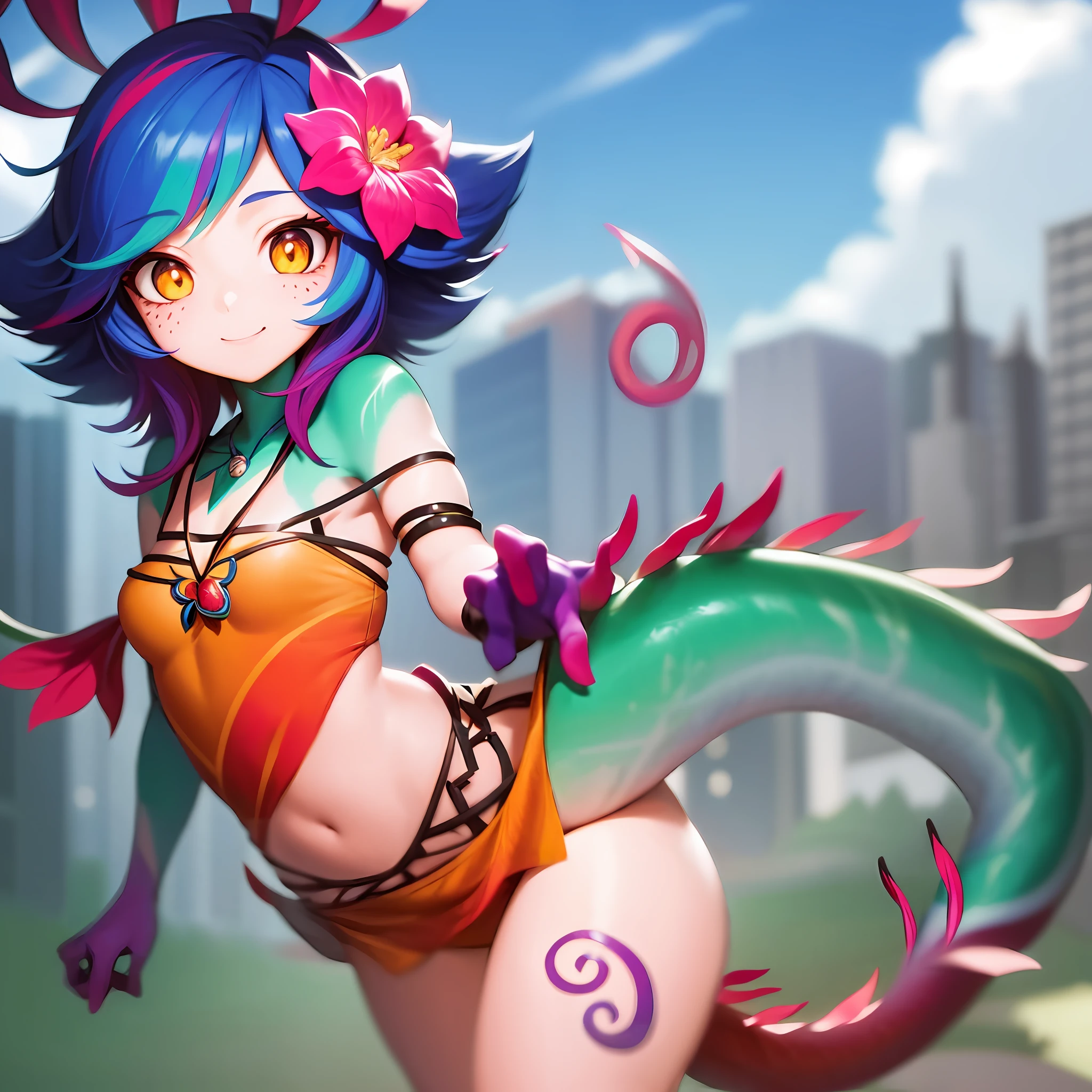 best illustration, illustration, vibrant colors, masterpiece, best quality, absurdities, 1girl, beautiful face, detailed eyes, looking at viewer, contrapposto, sexy, standing, full body, neeko, facial marks, hair ornaments, flower hair, necklace, lizard tail, multicolored skin, body paint, black micro bikini, walking in public, embarrassed, red with embarrassment, panting, smiling, in public