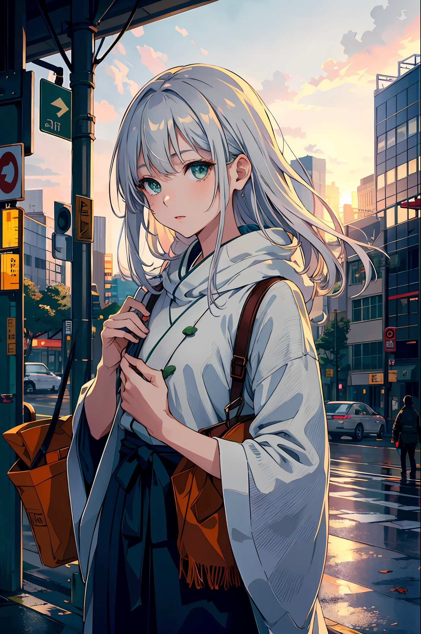 japan, high resolution, highest quality, illustration, ultra detailed, (detailed face), (detailed eyes), soft lighting, best quality, misty glow, dreamy atmosphere, hyper detailed, masterpiece, 1 girl, solo, silver hair, green eyes, knitwear, bright eyes, medium chest, (colored), cowboy shot, outdoors, evening, clouds, high rise buildings in background, industrial, public transportation, urban, buildings concrete, concrete, sidewalk, busy, trees, autumn, falling leaves,