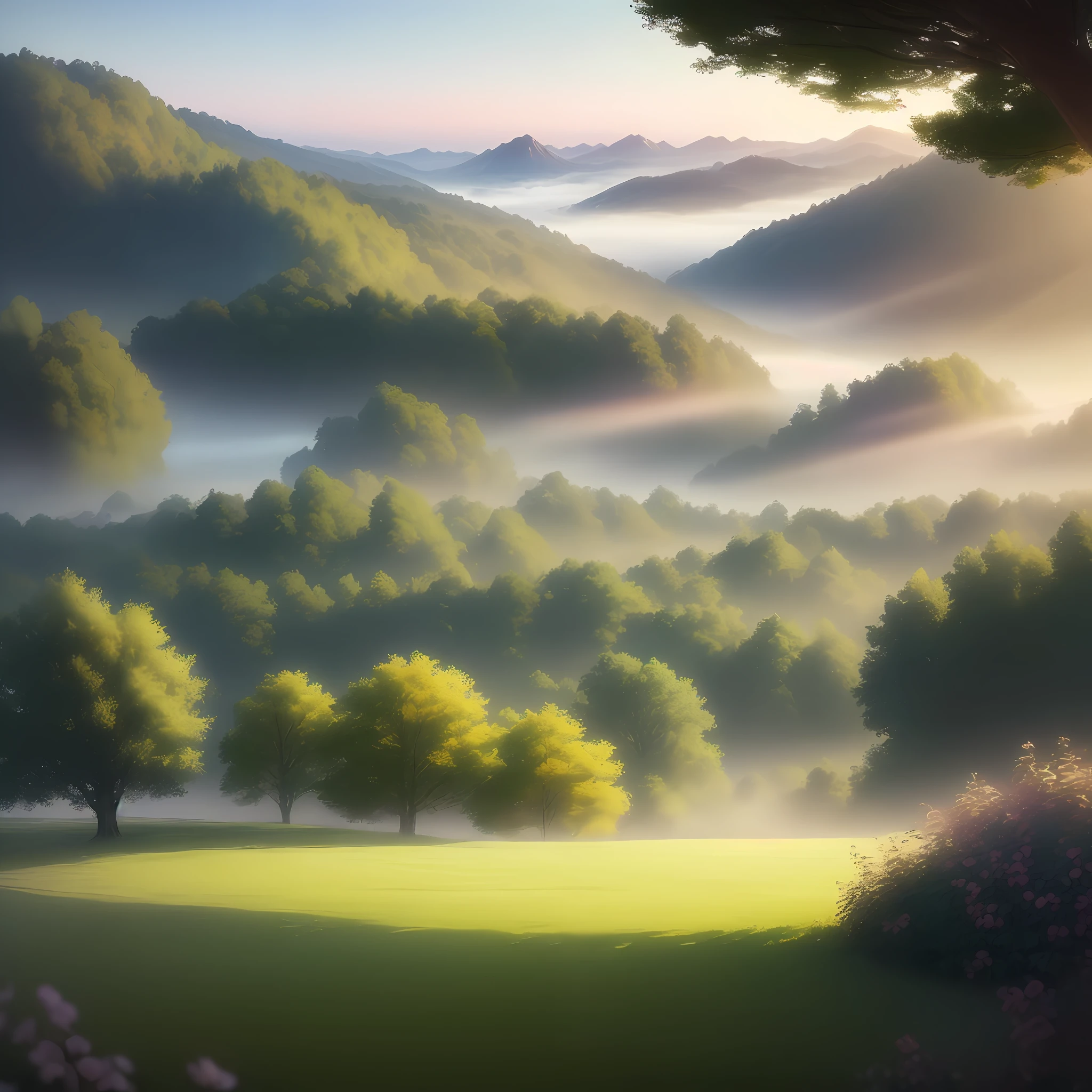 (extremely detailed CG, best quality, masterpiece), dreaming, pastel colors, countryside landscape, misty, soft and delicate texture, wide shot