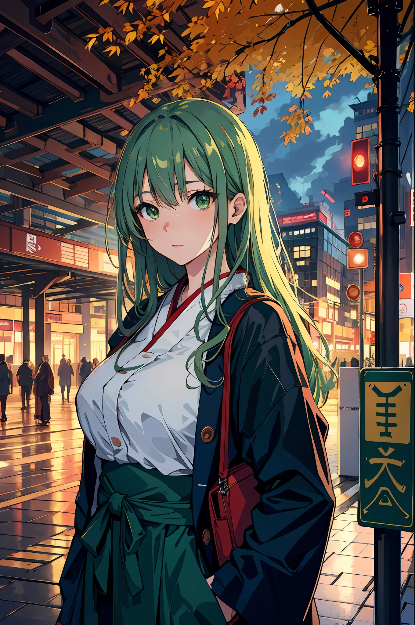 japan, high resolution, highest quality, illustration, ultra detailed, (detailed face), (detailed eyes), soft lighting, best quality, misty glow, dreamy atmosphere, hyper detailed, masterpiece, 1 girl, solo, long hair, green eyes, full breasts, outdoors, evening, clouds, high rise buildings in the background, industrial, public transportation, urban, concrete buildings, sidewalk, busy, trees, autumn, falling leaves,