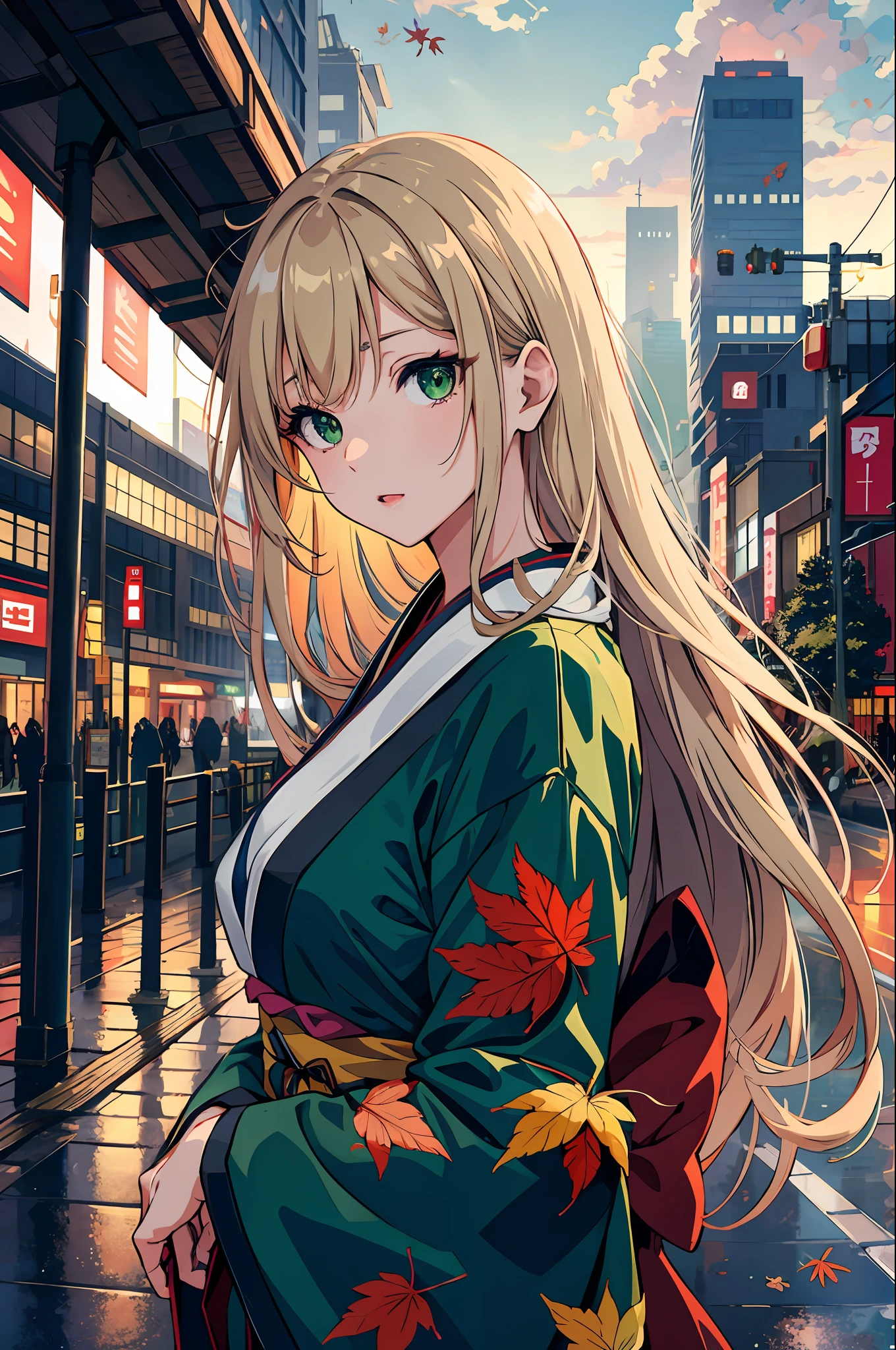 japan, high resolution, highest quality, illustration, ultra detailed, (detailed face), (detailed eyes), soft lighting, best quality, misty glow, dreamy atmosphere, hyper detailed, masterpiece, 1 girl, solo, long hair, green eyes, full breasts, outdoors, evening, clouds, high rise buildings in the background, industrial, public transportation, urban, concrete buildings, sidewalk, busy, trees, autumn, falling leaves,