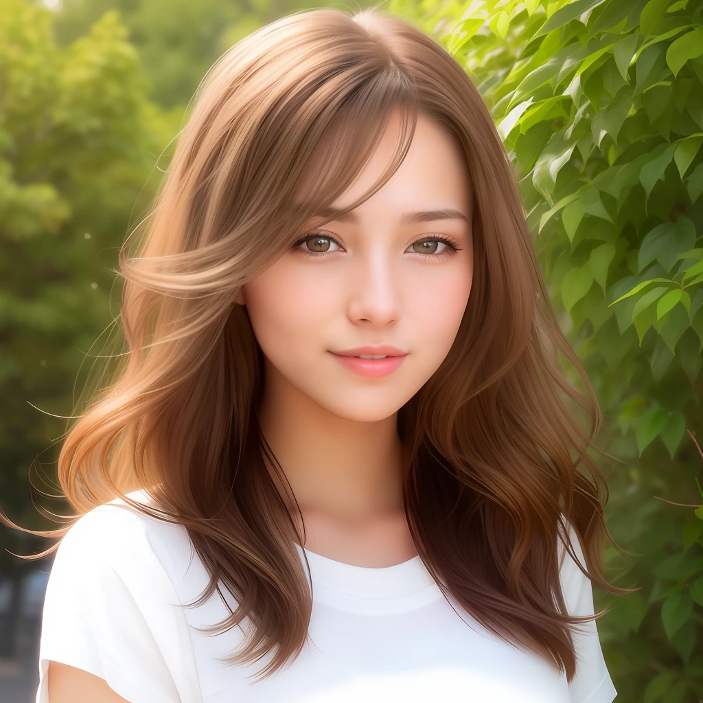 Create a realistic 3D rendering of a teenage girl with the following characteristics: long wavy brown hair, hazel eyes, a warm smile, and fair skin. She should have a friendly and approachable expression, wearing a casual outfit such as a t-shirt and jeans. The lighting should be natural and soft, with a gentle glow on her face. Ensure the overall image exudes a sense of youth, vitality, and relatability. Please pay attention to detail and realism in the rendering process