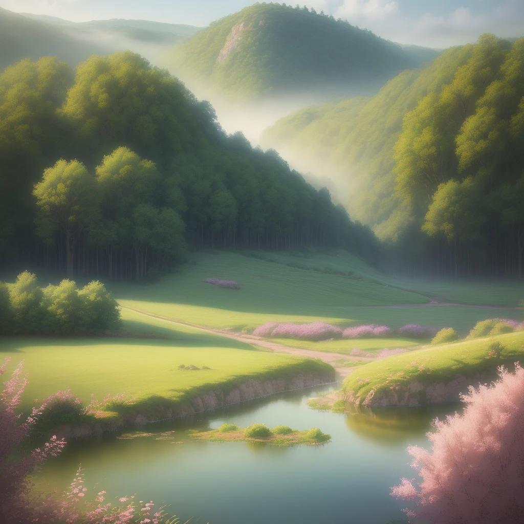 "Dreaming of an idyllic countryside with a misty and pastel-colored landscape in (ultra-detailed CG, best quality, masterpiece) style. The soft and delicate textures create a mesmerizing feel in a wide shot view."
