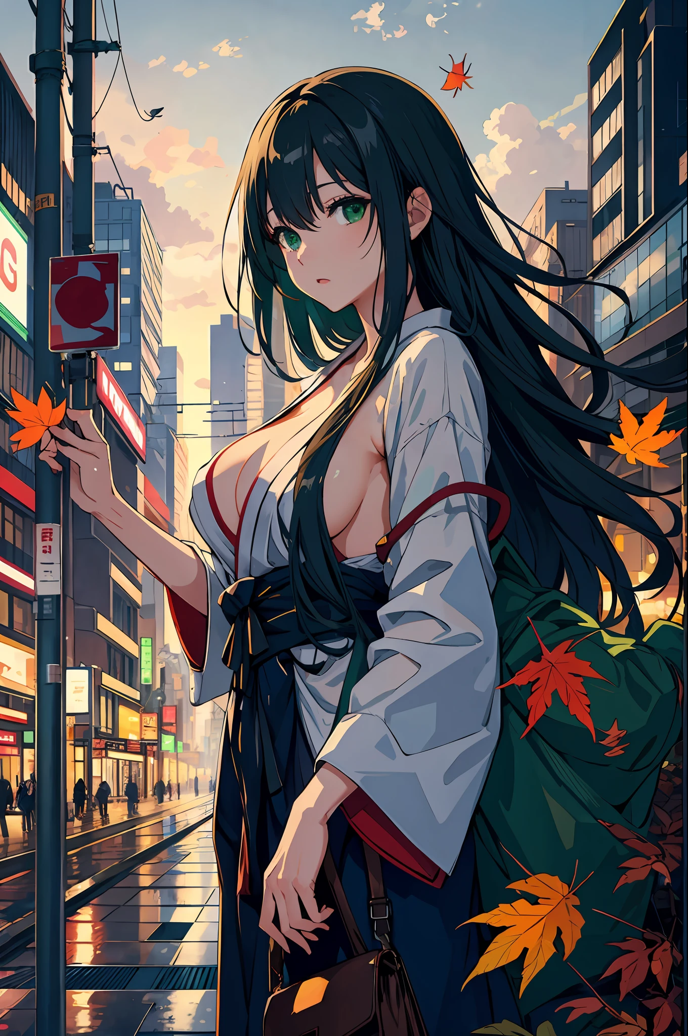 japan, high resolution, highest quality, illustration, ultra detailed, (detailed face), (detailed eyes), soft lighting, best quality, misty glow, dreamy atmosphere, hyper detailed, masterpiece, 1 girl, solo, long hair, green eyes, full breasts, scantily clad, outdoors, evening, clouds, high rise buildings in background, industrial, public transportation, urban, concrete buildings, sidewalk, busy, trees, autumn, falling leaves,
