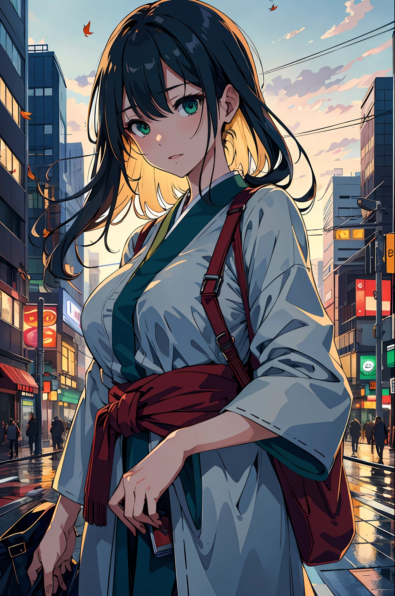 japan, high resolution, highest quality, illustration, ultra detailed, (detailed face), (detailed eyes), soft lighting, best quality, misty glow, dreamy atmosphere, hyper detailed, masterpiece, 1 girl, solo, long hair, green eyes, full breasts, scantily clad, outdoors, evening, clouds, high rise buildings in background, industrial, public transportation, urban, concrete buildings, sidewalk, busy, trees, autumn, falling leaves,